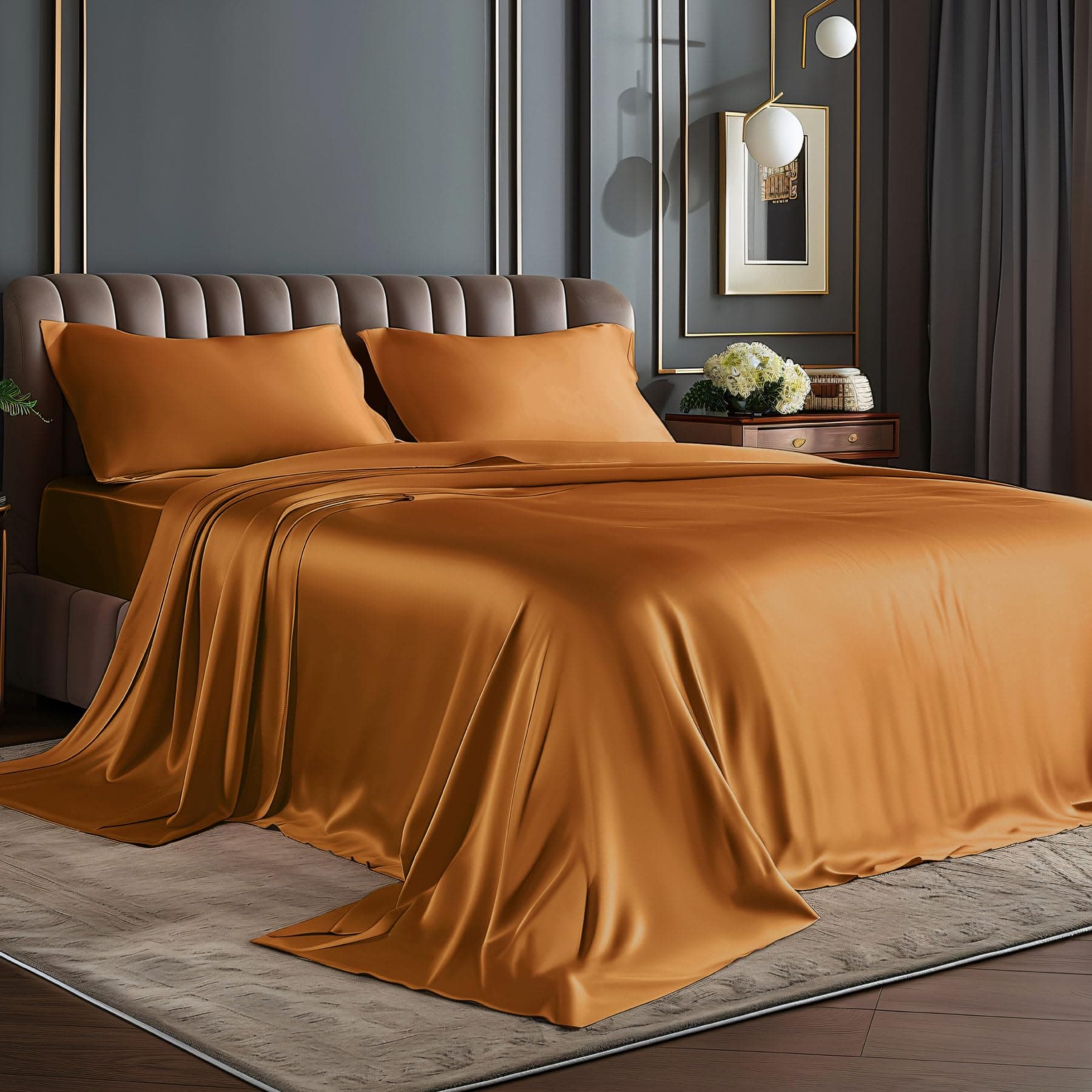 BEDELITE Satin Sheets Twin XL Size Bed Set, Luxury Soft Burnt Orange Silky Sheets for Hair and Skin, Similar to Silk Bed Sheets Set 3 Pieces with 1 Deep Pocket Fitted Sheet, 1 Flat Sheet, 1 Pillowcase