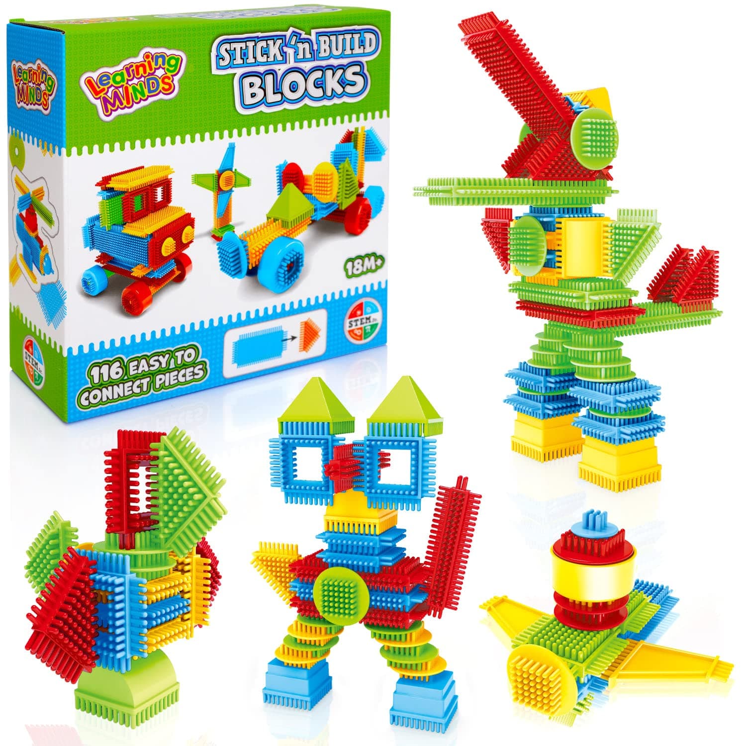 Learning Minds Stick 'n Build 116 Piece Building Blocks - Stacking Bricks Construction Toys For Toddlers Boys or Girls