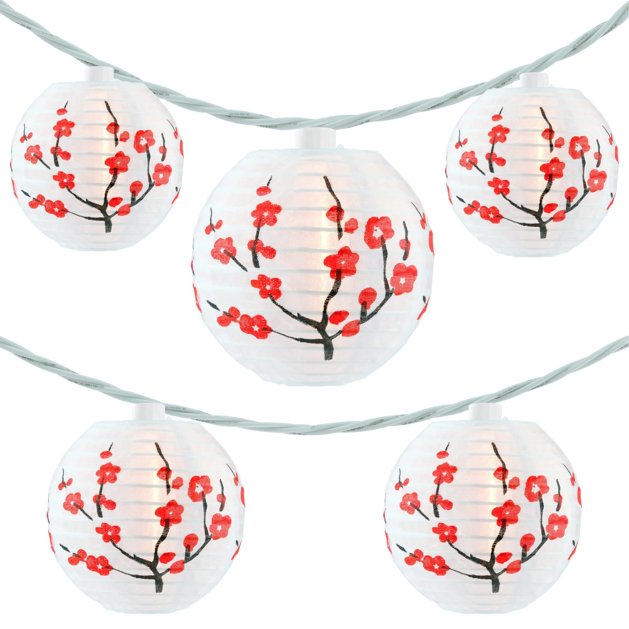 YULETIME Plum Blossom Lantern String Lights, 10 Count Nylon Lantern on 7.6' White Wire, UL Listed 8" Spacing End-to-end Connectable Plug-in String Lights (Plum Blossom)