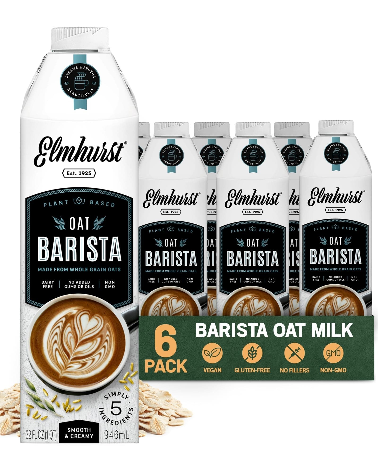 1925 Oat Milk Barista Edition – 32oz (6-Pack) Plant-Based, Vegan, Dairy-Free, Kosher, Gluten-Free, Non-GMO, Froths for Lattes & Iced Coffee, 20g Whole Grains per Serving, Simple Ingredients