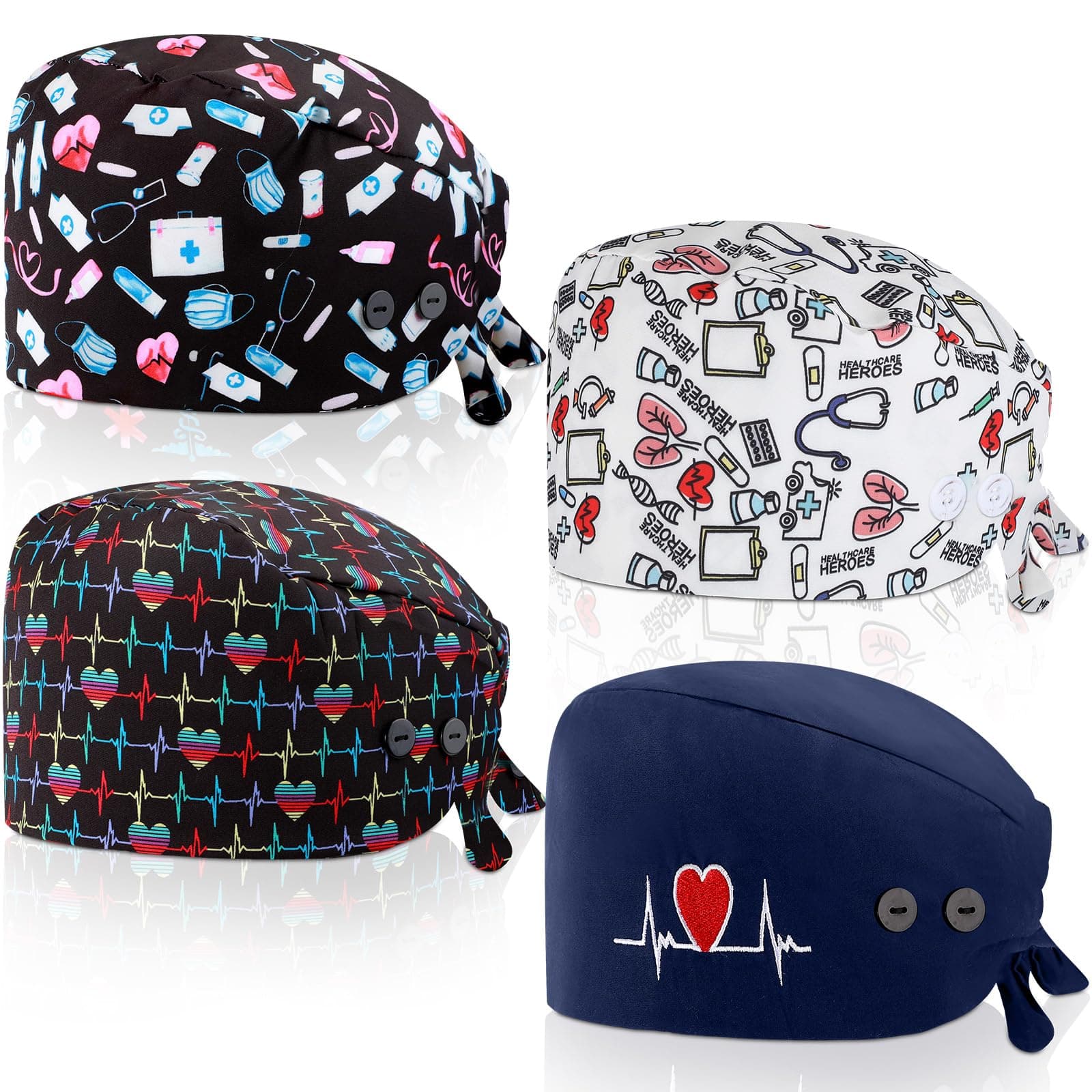 4 Pcs Working Caps with Button and Sweatband Adjustable Working Hats Elastic Scrub Hats Nurse Scrub Cap Nurse Hats