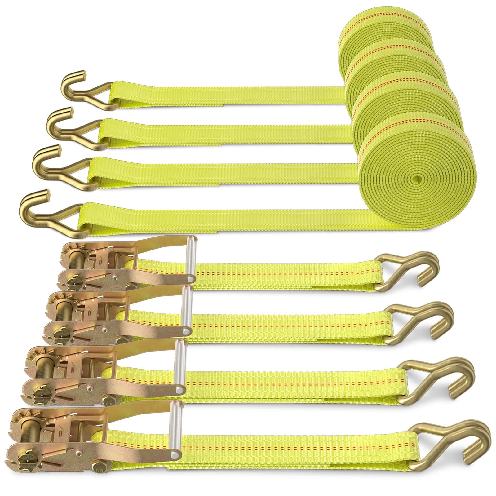 Ratchet Tie Down Strap - 4 Pack 2" x 27' Heavy Duty Ratchet Straps with Aluminum Handle, Cargo Straps for Moving Appliances, Lawn Equipment, Motorcycle in a Truck Yellow