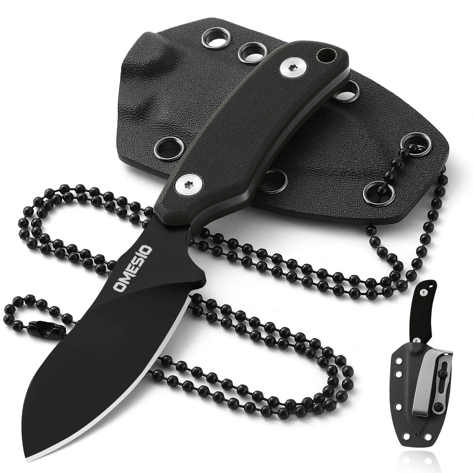Omesio Neck Knife, 5.82" Small Fixed Blade Tactical Knife, Compact Full Tang EDC Neck Knife with Sheath and Clip, Nessmuk D2 Steel G10 Handle Mini Knife Necklace for Outdoor, Hiking, Camping