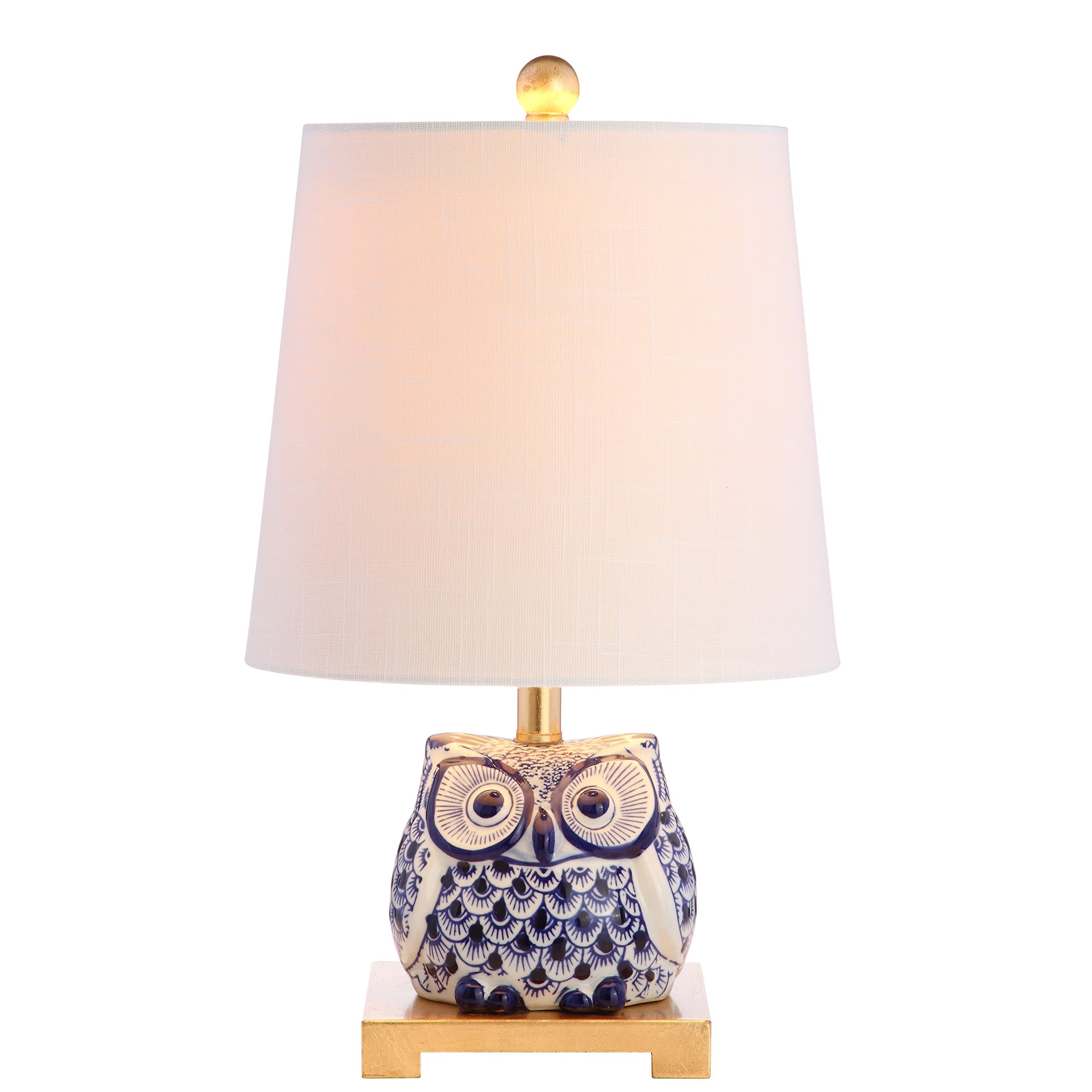 JONATHAN Y 16" Blue/White Ceramic Owl Mini Table Lamp for Bedroom or Office, Modern Farmhouse Nightstand Lamp with White Linen Shade, LED Bulb Included JYL3014A