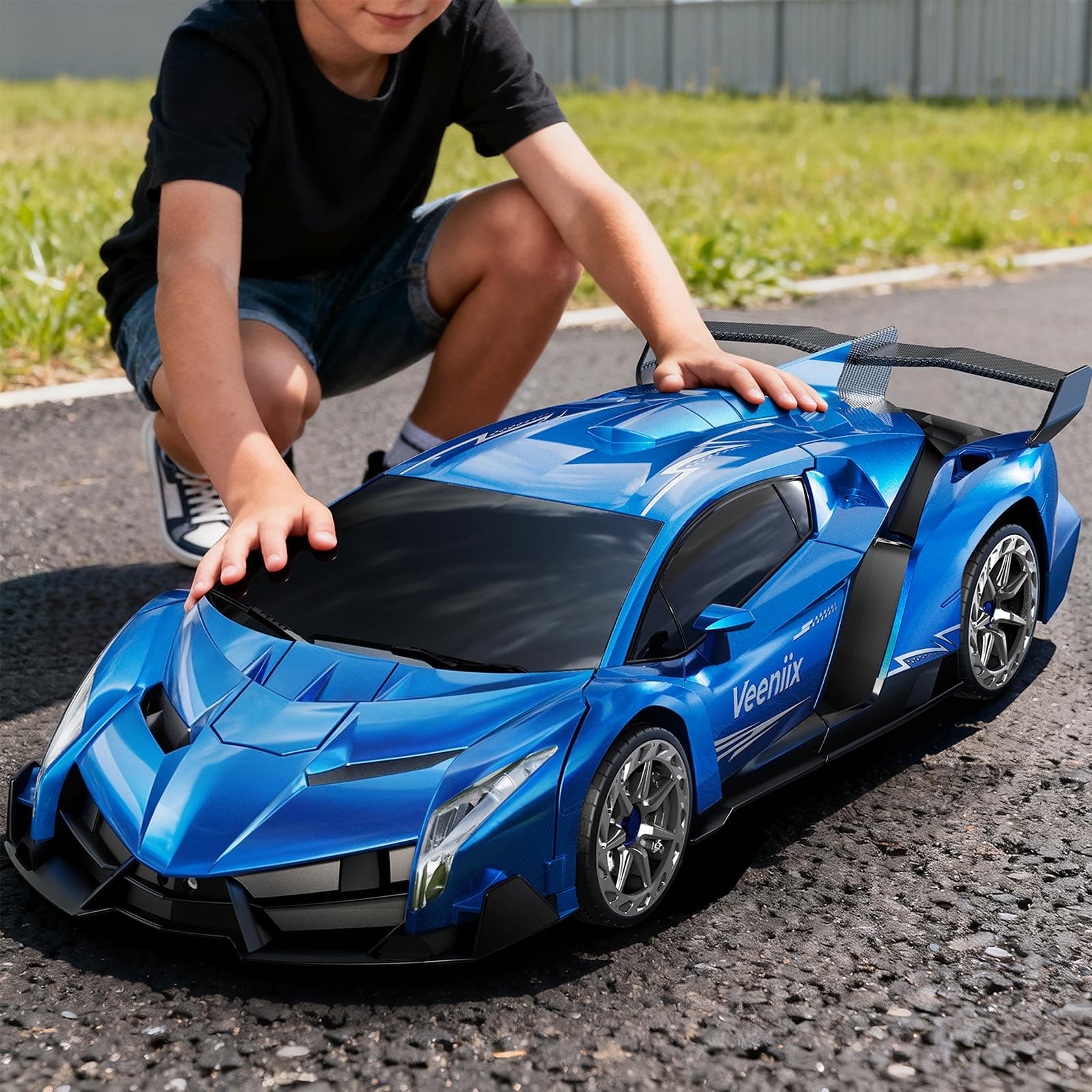 V991 Transform Remote Control Car, 1:10 Big Size, 2 Rechargeable Batteries for 70Min, 2.4GHz Gesture Sensing, One-Key Deformation, Robot Toys Gifts for Boys and Girls (Blue)