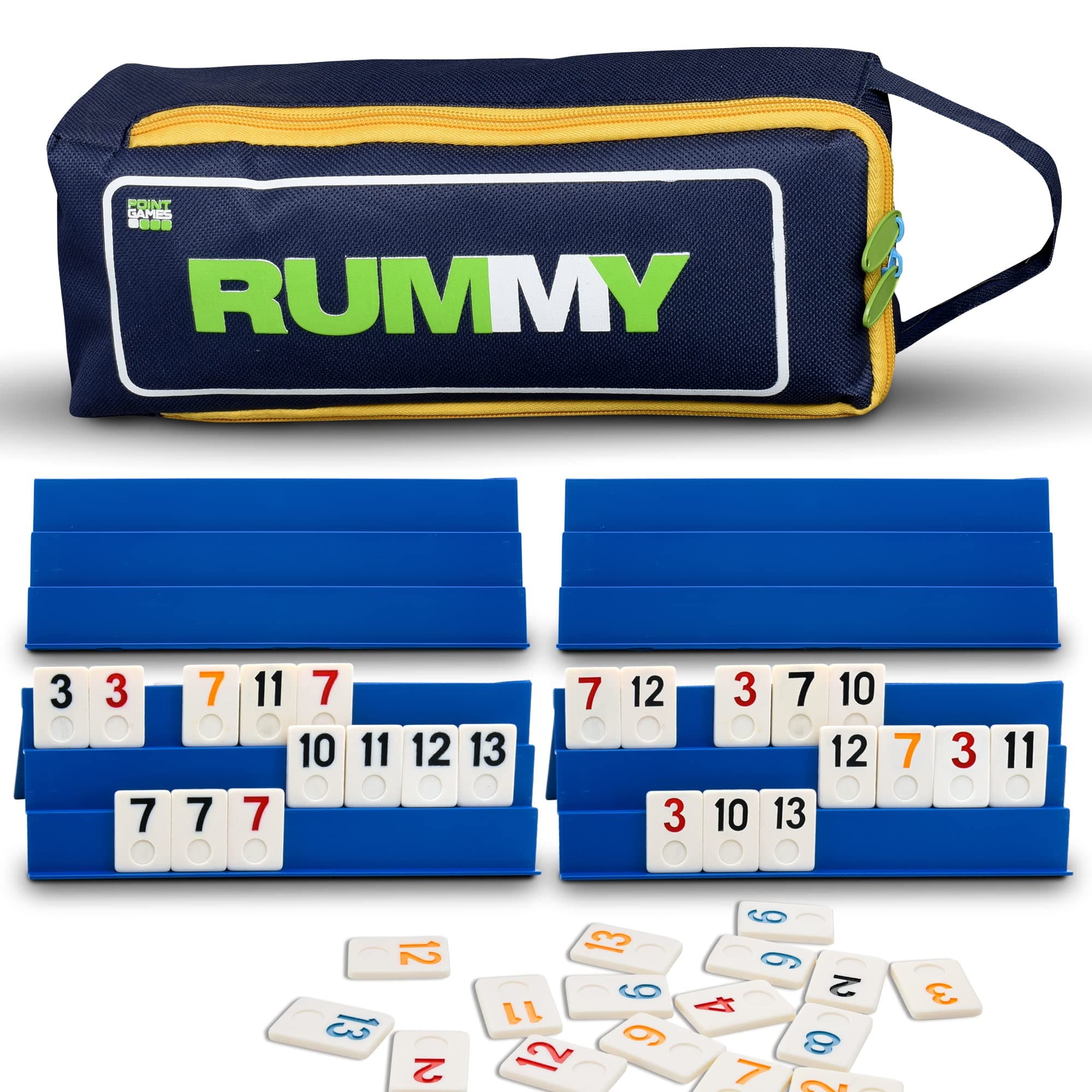 Classic Rummy Cube Game Full Size, with 3 Tier Foldable Racks and Tiles, in a Super Durable Canvas Travel Bag