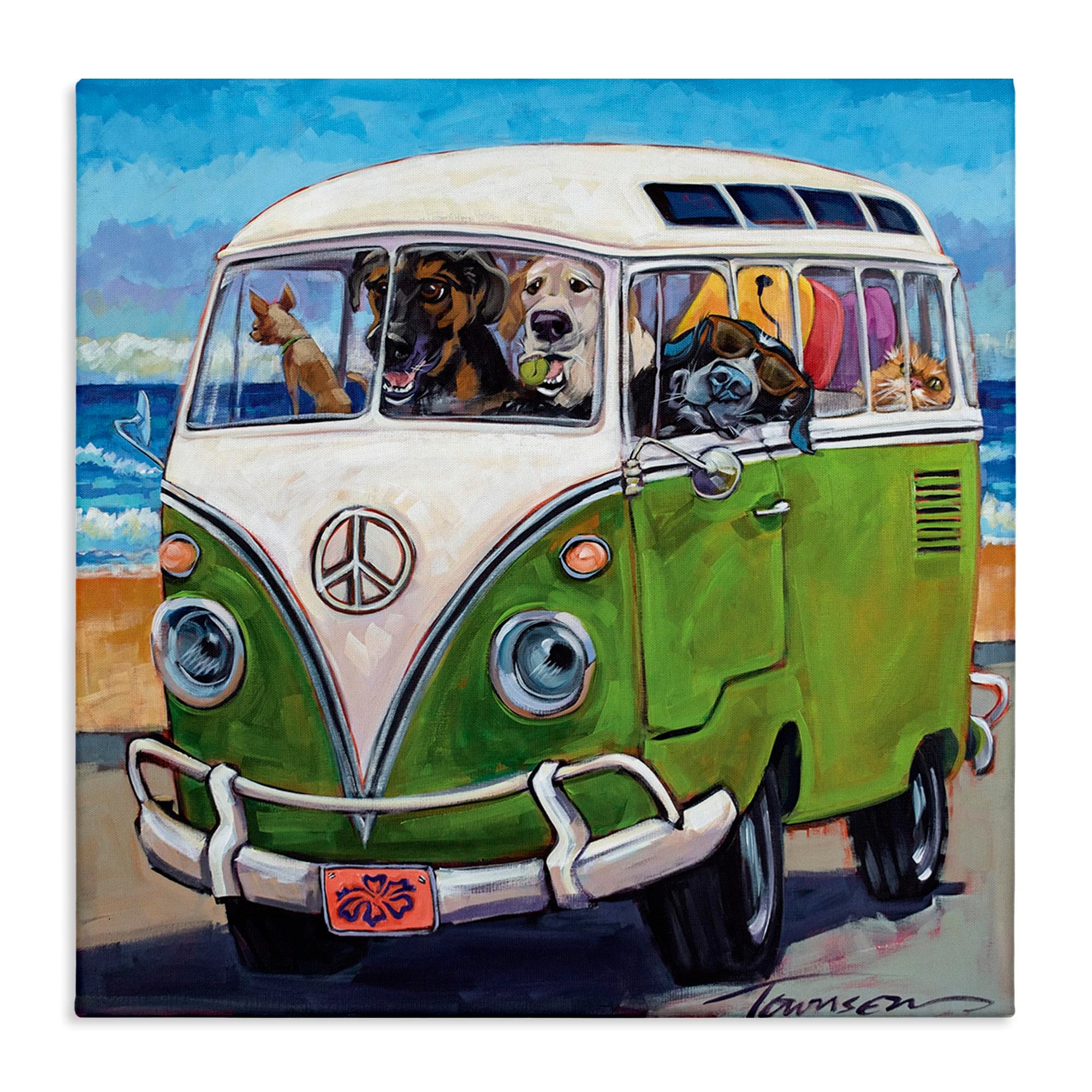 Dogs Driving Retro Van, Designed by CR Townsend, 17 x 17, Canvas Wall Art