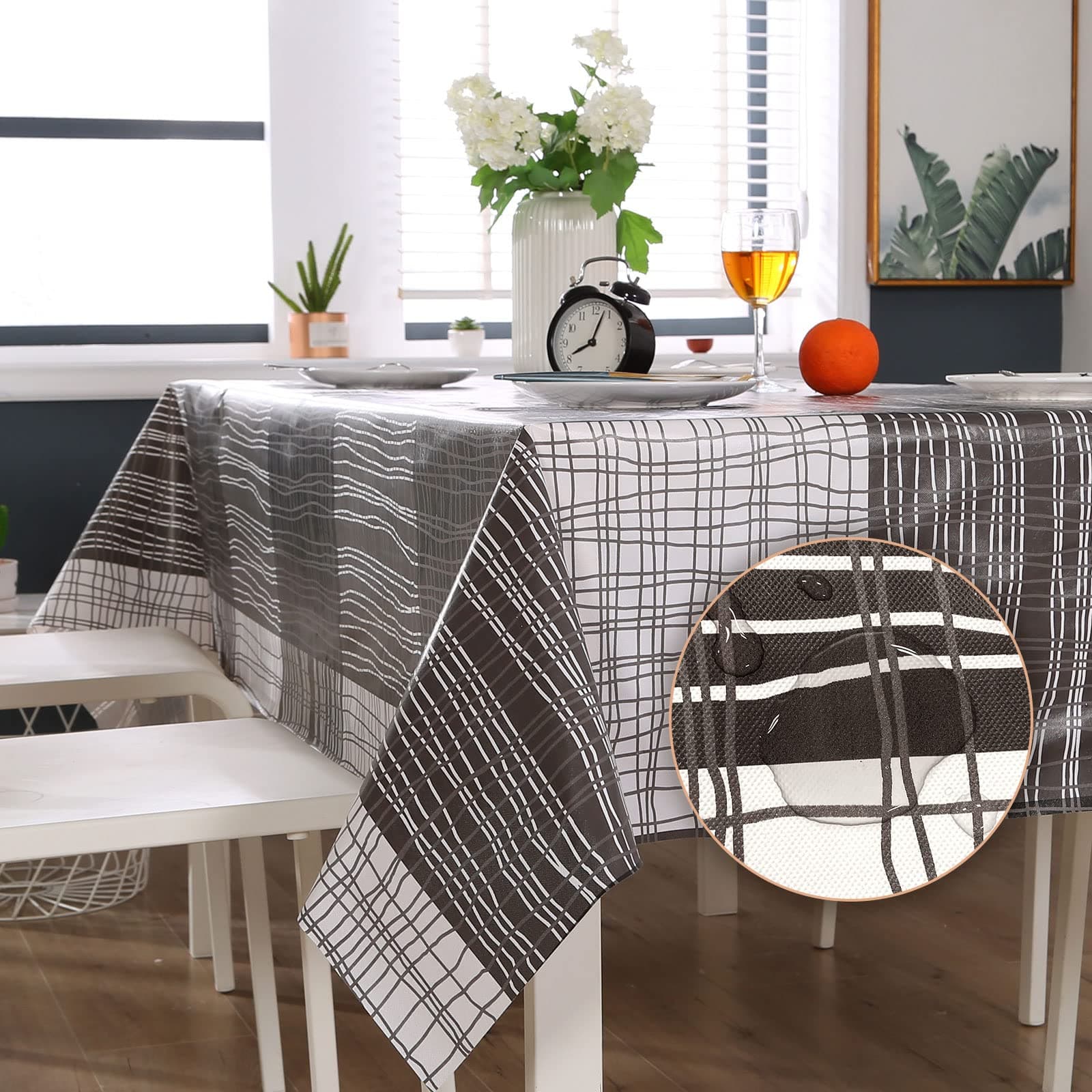 Qucover Waterproof Tablecloth Rectangular 140x180 cm Black White Checked Plastic Wipe Clean Tablecloth for Kitchen Dinning Table Protector 55W*71L inches
