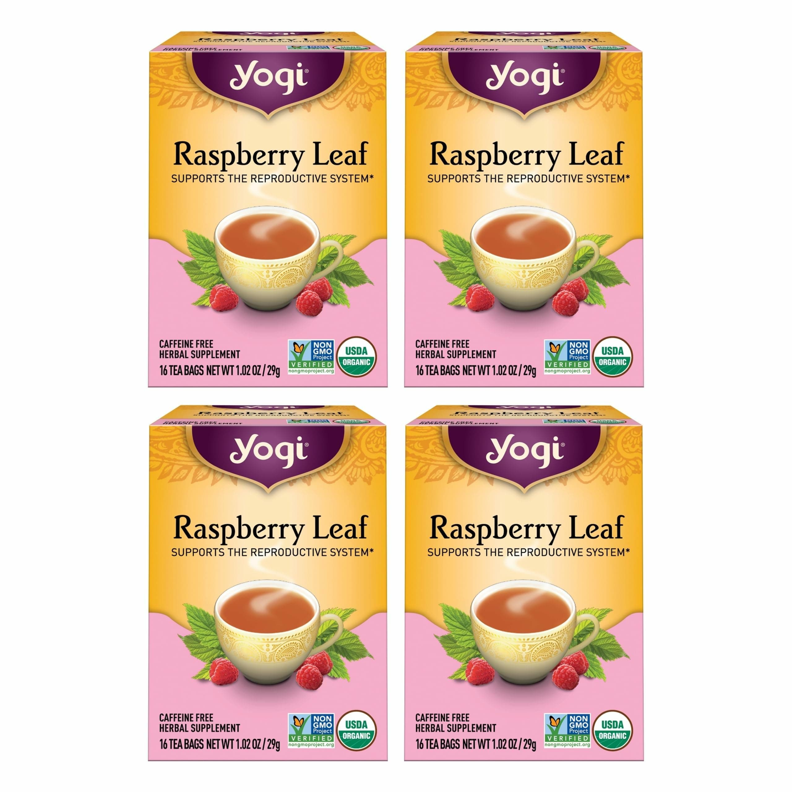 Yogi Tea Raspberry Leaf Tea - 16 Bags per Pack (4 Packs) - Caffeine-Free, Organic Raspberry Leaf - Aids Discomfort of Menstruation - Made from Organic Raspberry Leaves