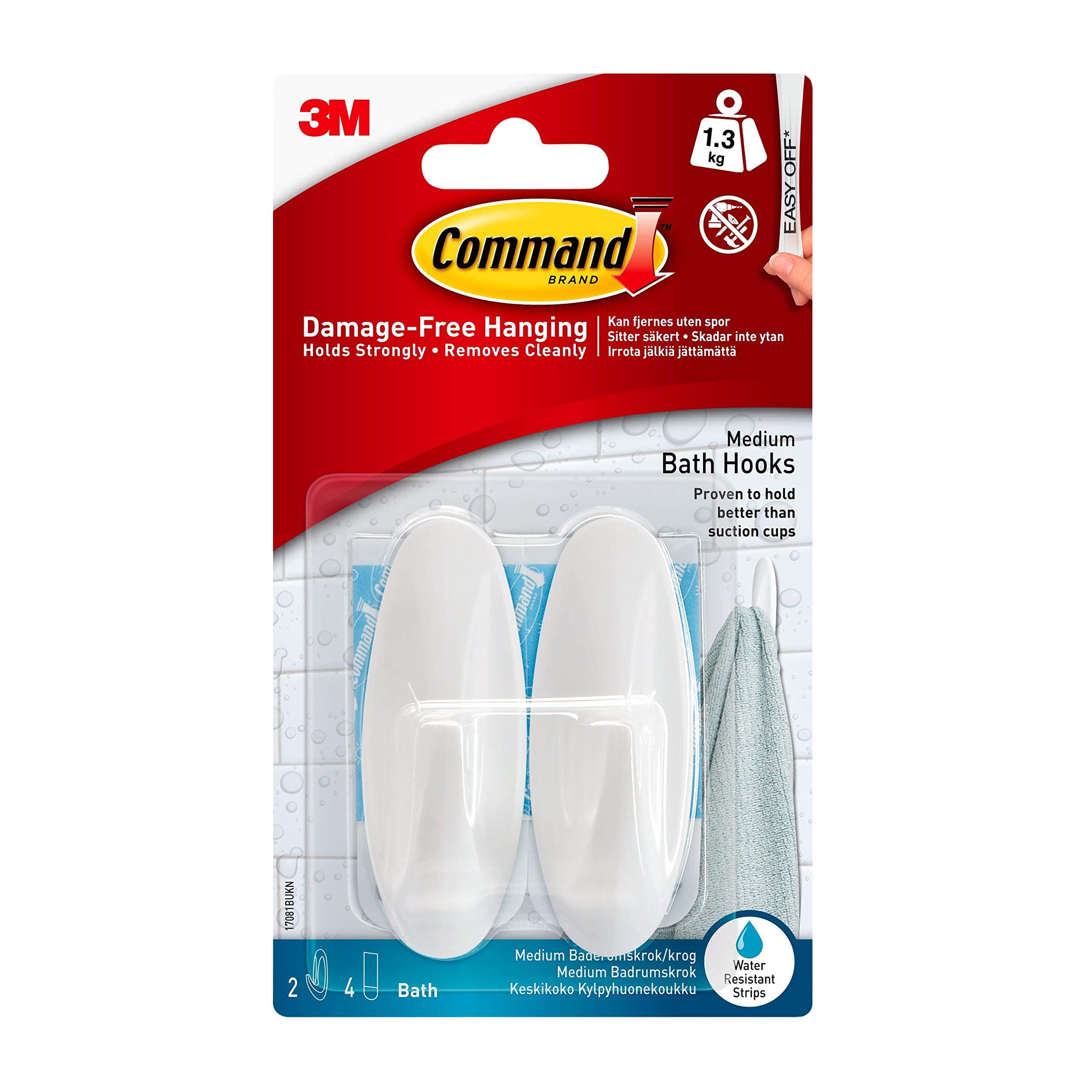 Command Bath Designer Hooks, White, Water Resistant - 2 Medium Hooks and 4 Adhesive Strips - Hang Towels, Robes and Other Bathroom Accessories - Ideal to Avoid Drilling Through Tiles