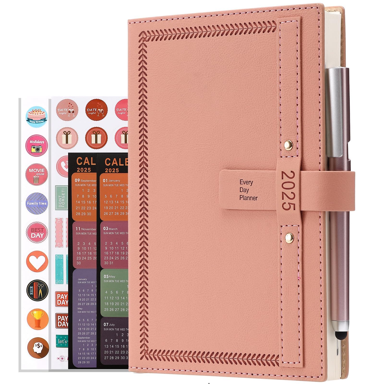 2025 Diary A5 Page a Day Full Year Planner, Diary 2025 from Jan 2025 to Dec 2025, Daily Monthly Planner with Calendar, Pen, Pen Holder, Month Tabs, inner Pocket (Pink)
