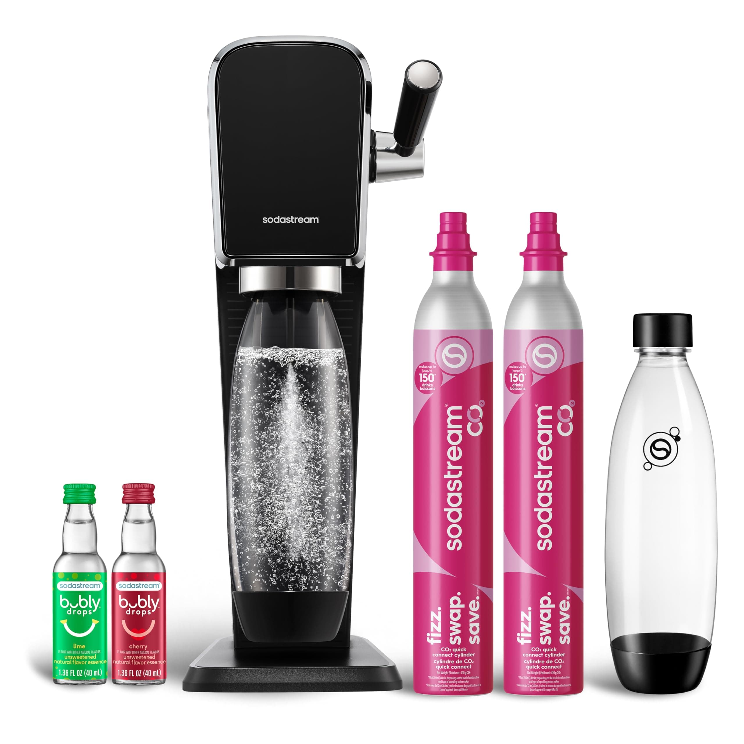 SodaStream Art Sparkling Water Maker Bundle (Black), with CO2, Dishwasher Safe Bottles, and Bubly Drops Flavors