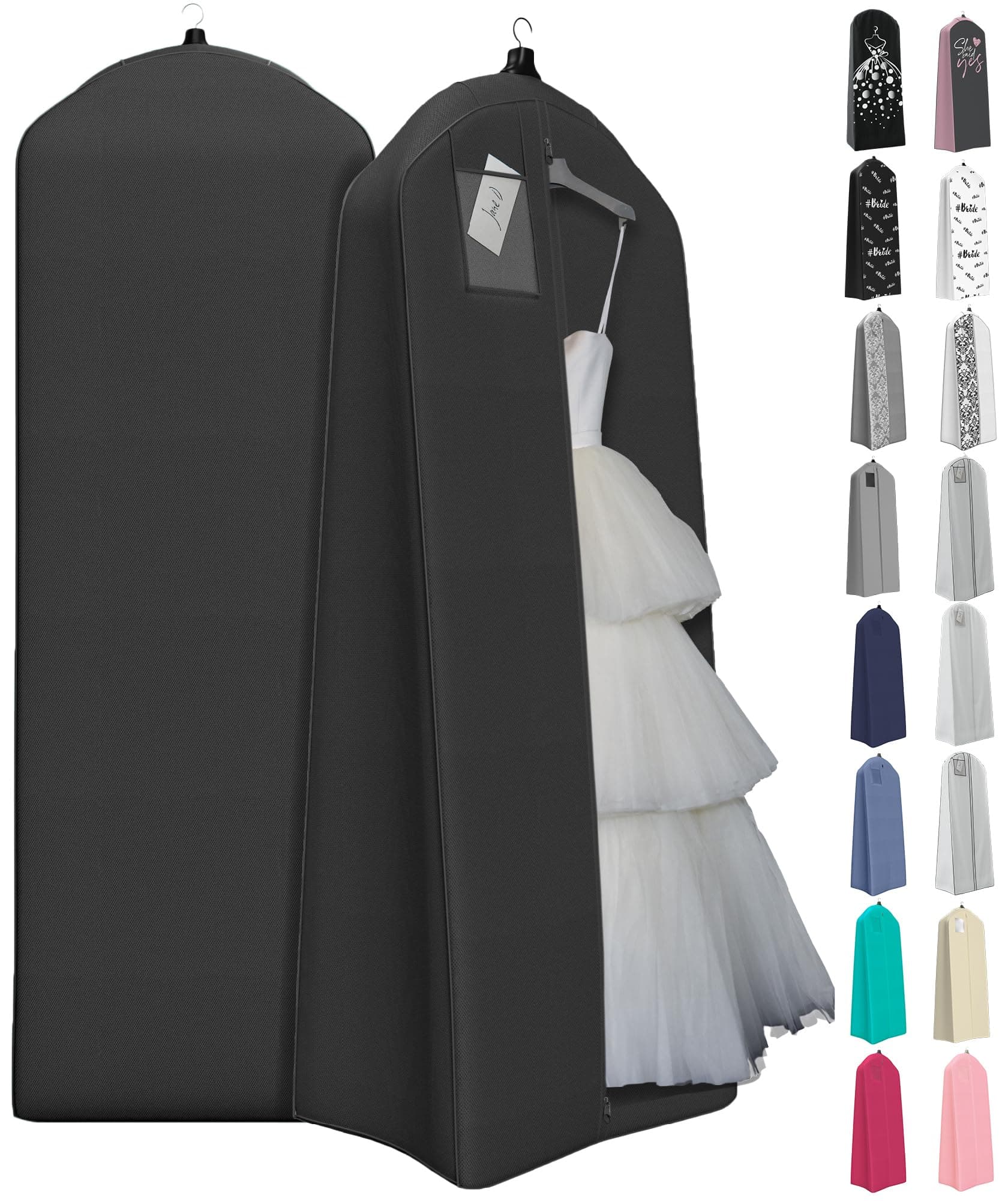 Your Bags Wedding Dress Garment Bag - 72" Garment Bags for Hanging Clothes with 20" Gusset for Puffy Gowns - Durable Dress Cover for Travel or Storage - Rip-Resistant with ID Window - Black