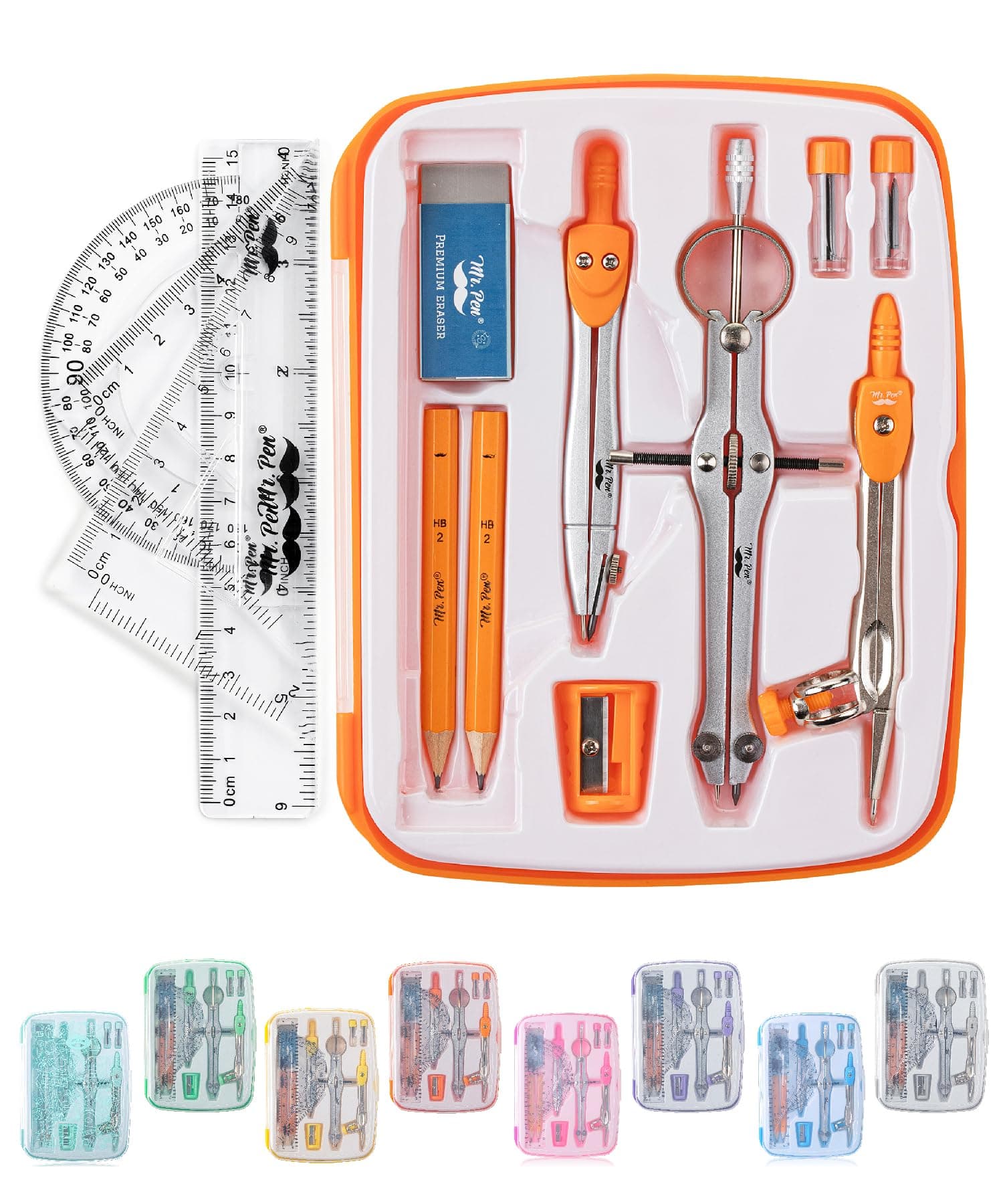 Mr. Pen- Geometry Set, 13 pcs, Compass for Geometry Compass, Geometry Kit Set with Shatterproof Storage Box, Math Compass, Geometry Set for School, Compass Math, Protractor and Compass Set, Orange