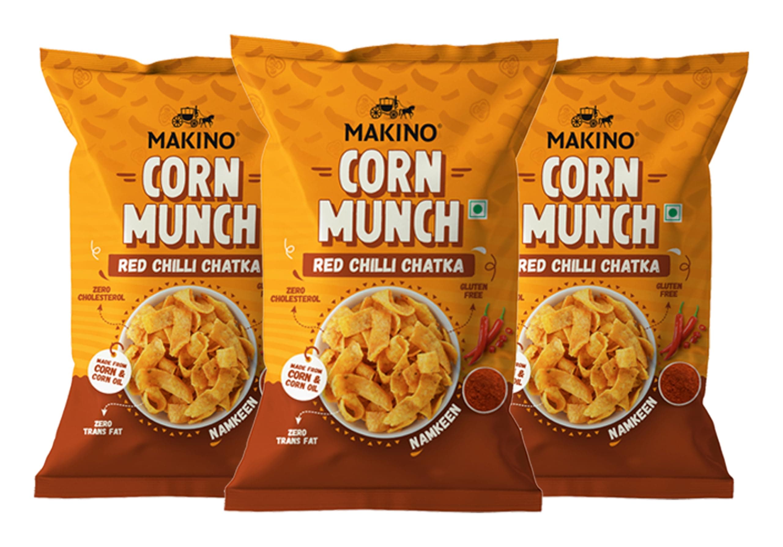 Makino Corn Munch Red Chilli Chatka Spicy Snack, Pack of 3 (150g) Each - First Time in India, Sizzling Hot Flavour, Fiery Crunchy Chips, Best for Tea Time, Party & Anytime Munching