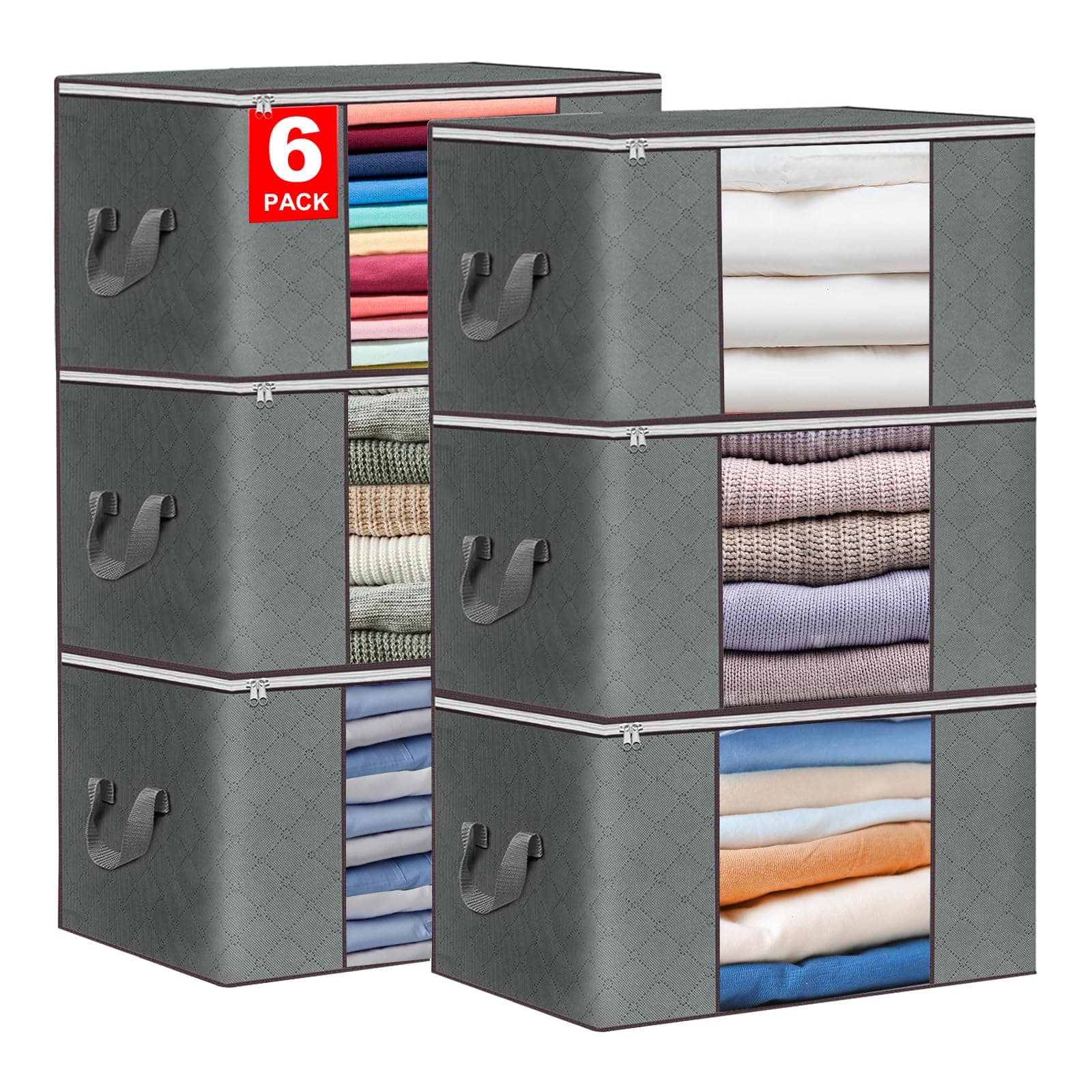 90L Large Storage Bag，4-pack Clothes Storage Bag，Foldable storage Bags For Clothes，with Reinforced Handle Window for Sweaters（Gray) Clothes Sealed Storage