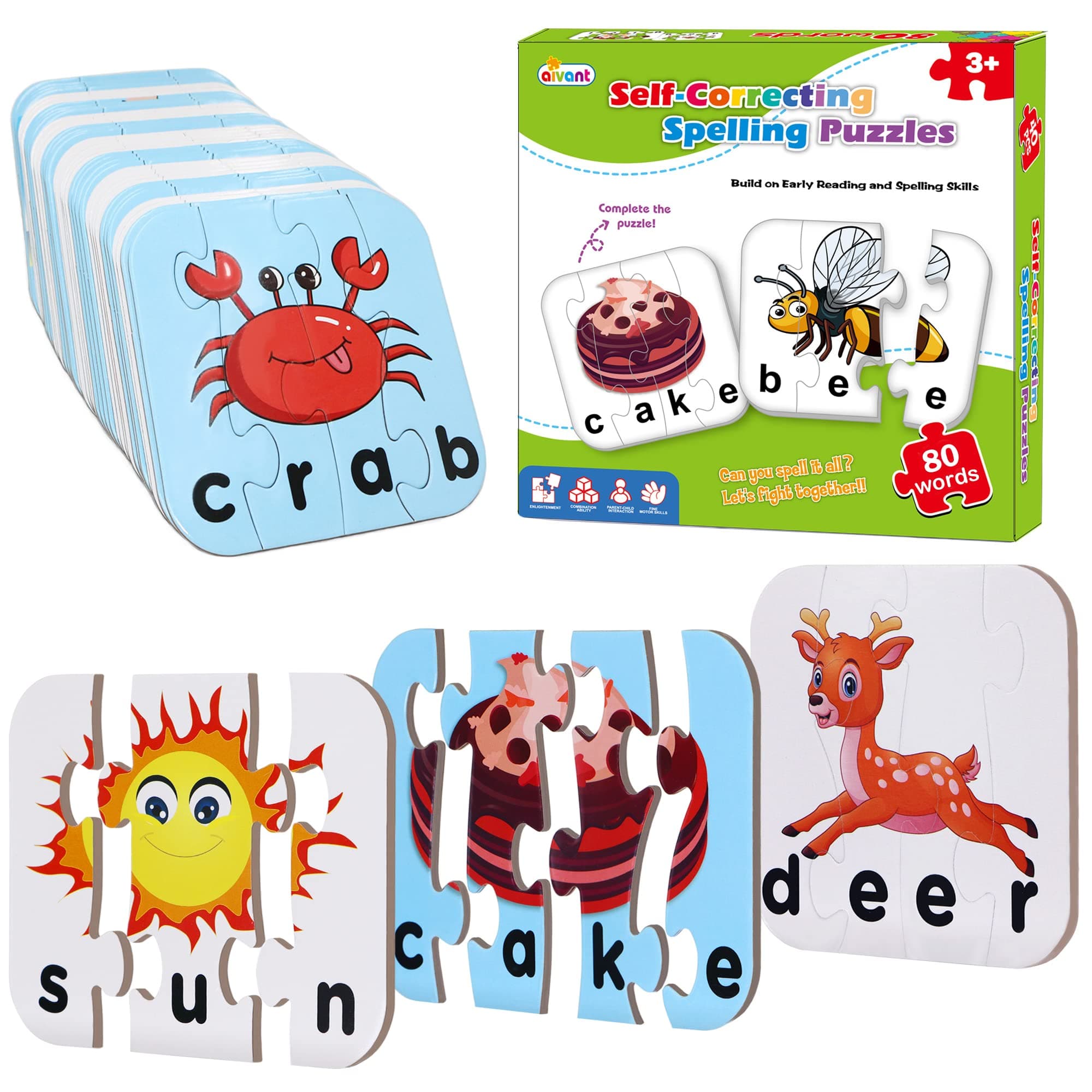 80 Words Self-Correcting Spelling Puzzles, Double-Sided Three and Four Letter Words with Matching Images, Perfect for Kids Age 3+ Year Old