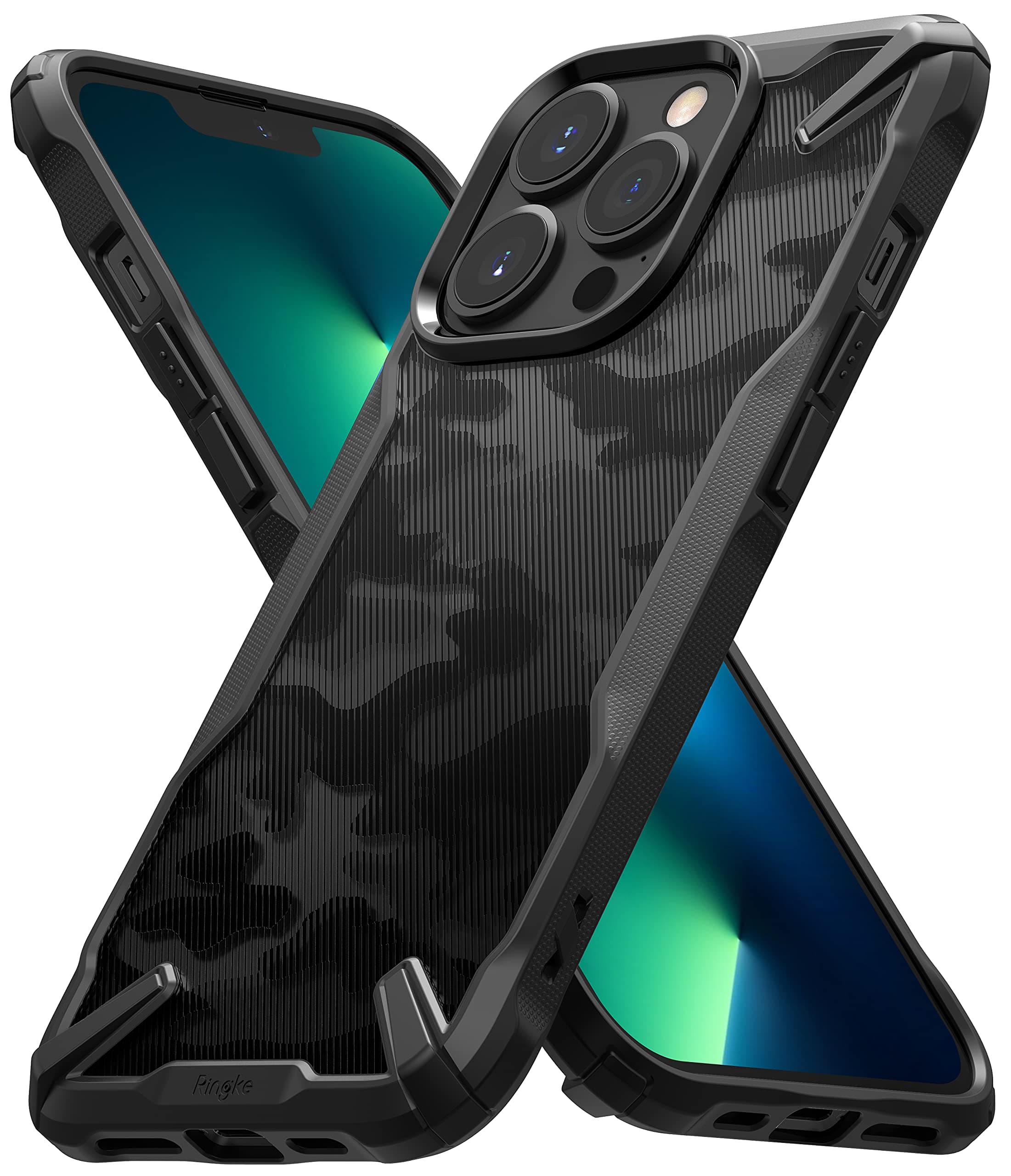 Fusion-X Compatible with iPhone 13 Pro Max Case, Camouflage Design Hard Back Heavy Duty Shockproof Advanced Protective TPU Bumper Phone Cover - Camo Black