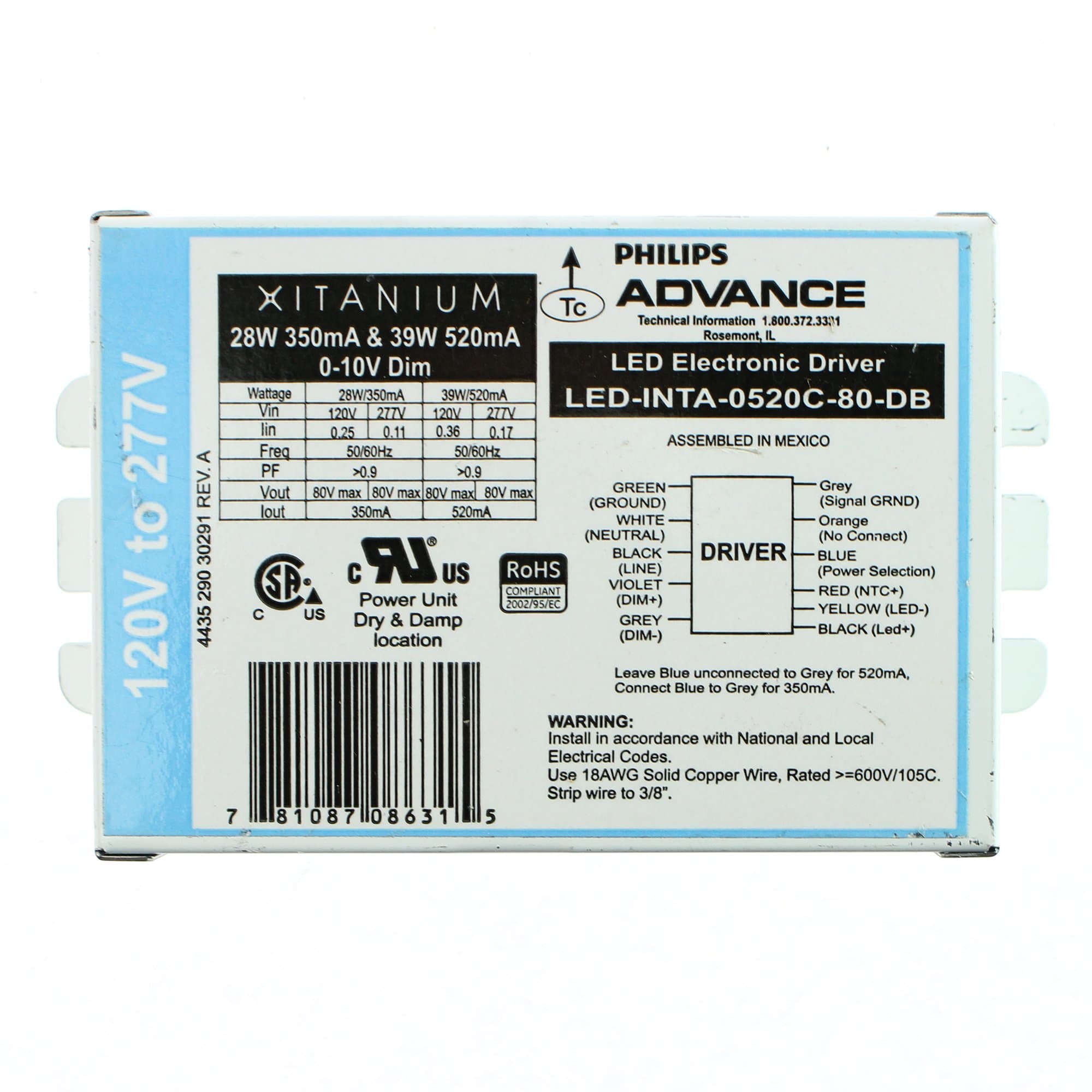 Advance LED-INTA-0520C-80-DB Dimmable LED Electronic Driver, Xitanium, 39W 0-10V