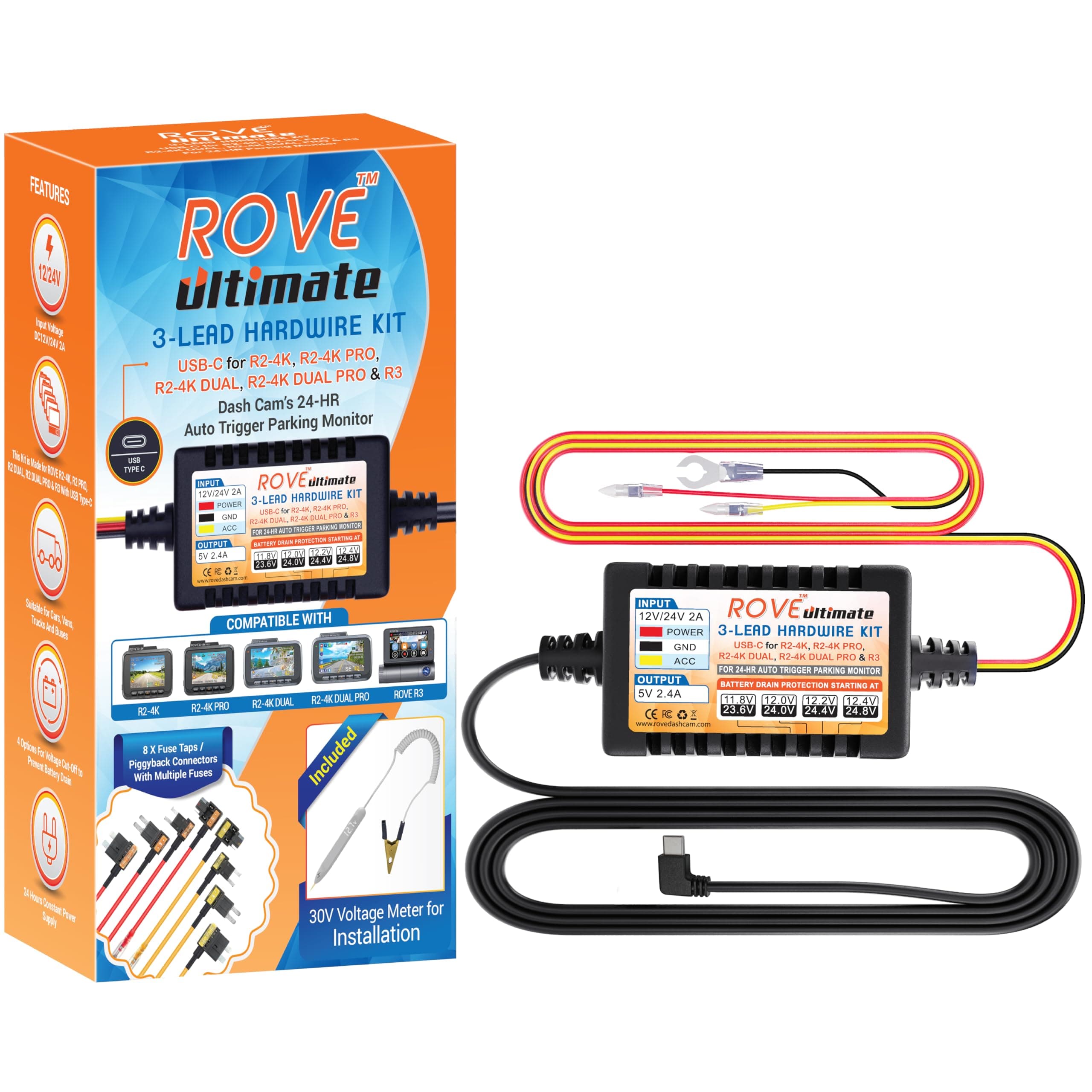 Dash Cam Hardwire Kit, USB Type C, for ROVE R3 Touch Screen 3 Channel Dash Camera