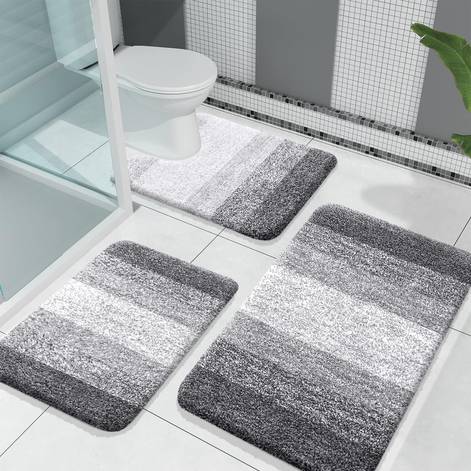 OLANLY Bathroom Rugs Sets 3 Piece, Soft Absorbent Microfiber Bath Mats and U-Shaped Contour Toilet Rug, Machine Wash Dry, Plush Shaggy Bath Mat Set for Bathroom (30"x20"+24"x16"+24"x20", Grey)