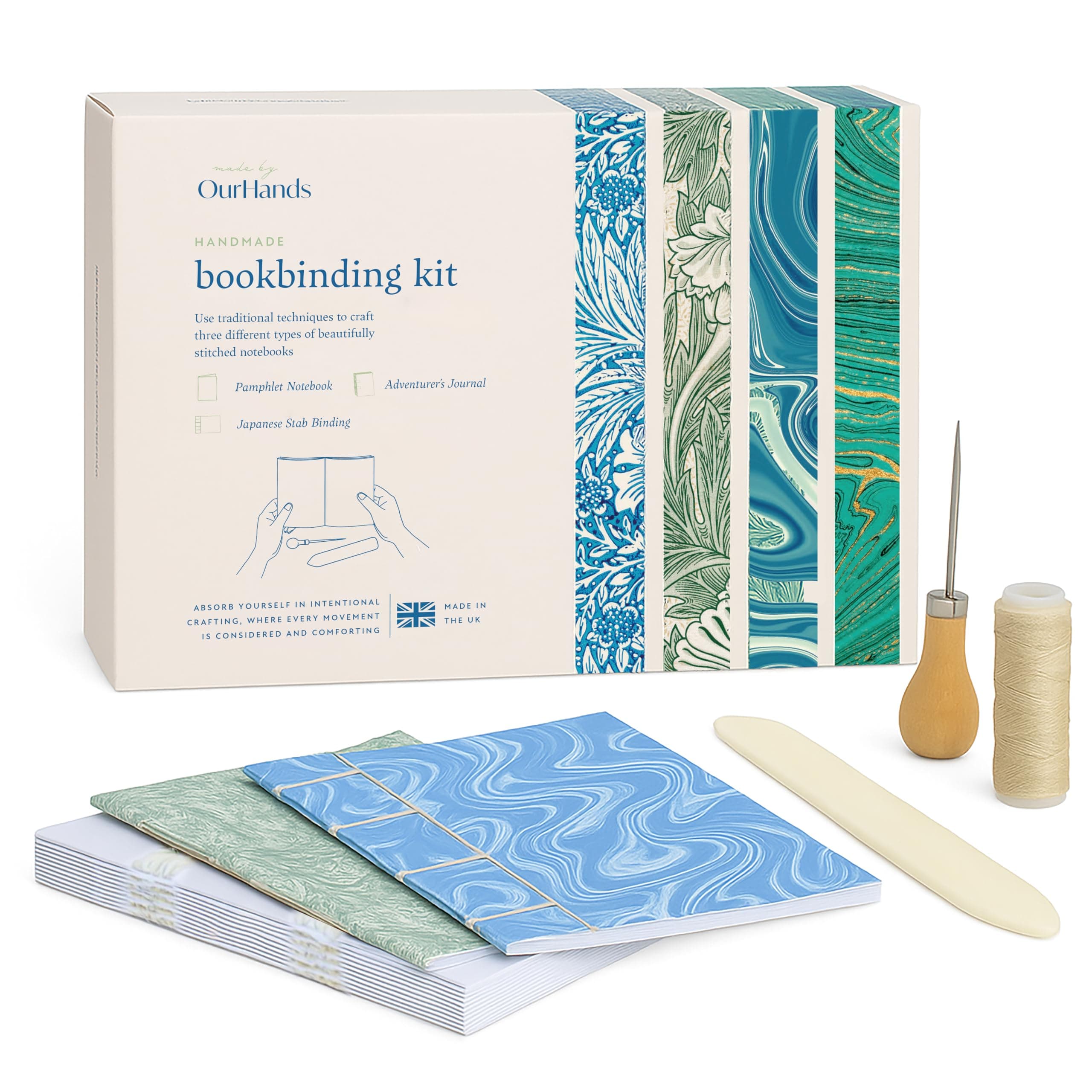 OurHands Bookbinding Kit DIY Kit to Create Custom Soft-Cover Notebooks - Includes Materials for 3 Notebook Styles, Bookbinding Tools, and Step-by-Step Instructions