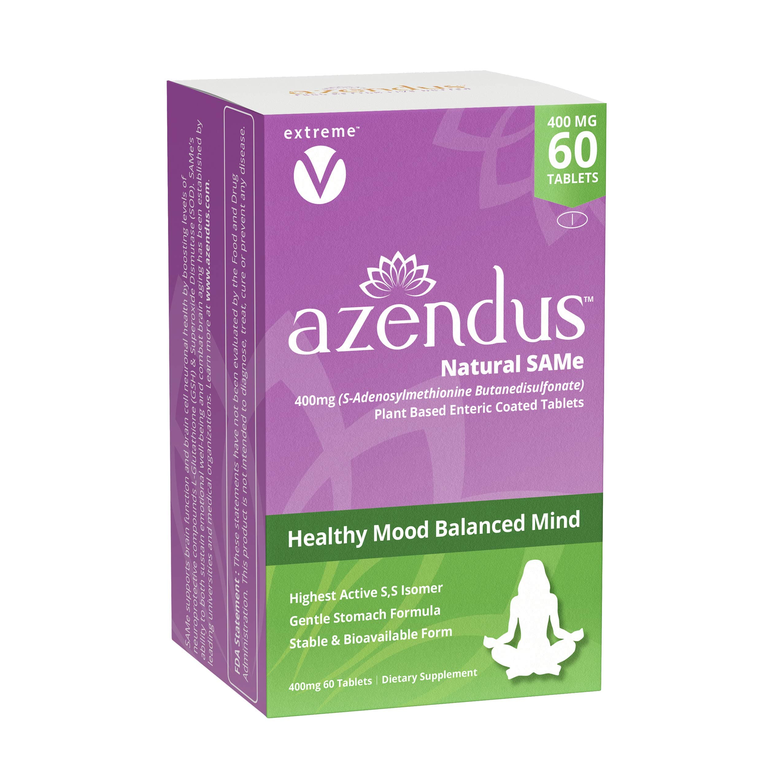 extreme V Azendus SAM-e Mood Support 400mg, 60 Count, Same Butanedisulfonate Fiber Enteric Coated Tablets