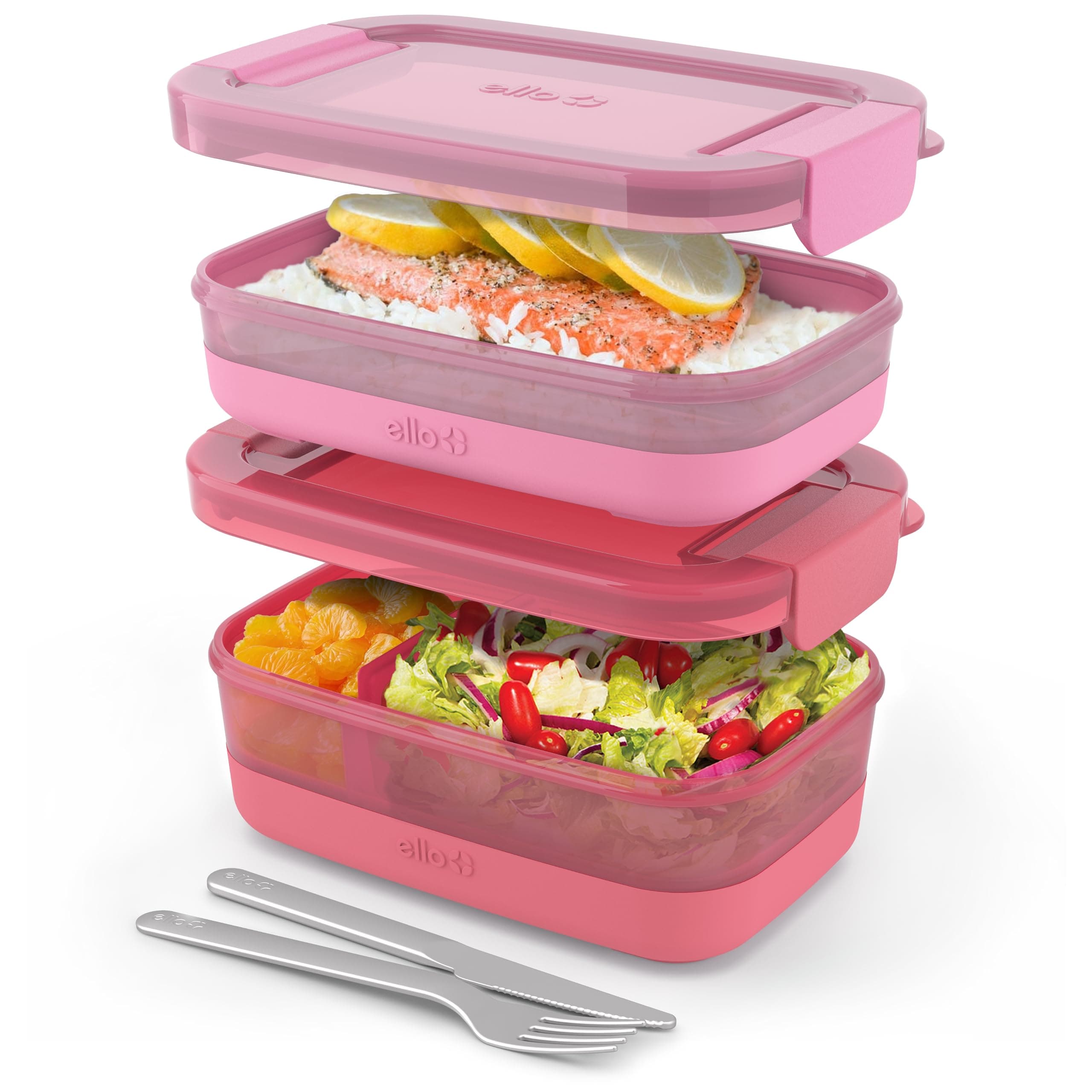 Ello 2-Pack Lunch Stack Plastic Food Storage Container Bento Box with Airtight, Leak-Proof Locking Plastic Lids and Silicone Base, BPA-Free, Freezer, Microwave, and Dishwasher Safe, Guava