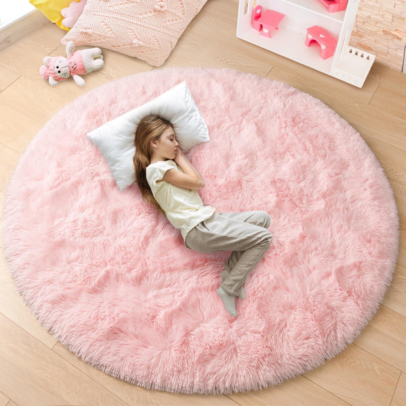 junovo Pink Round Rug 4x4 Feet Fluffy Soft Area Rugs for Kids Girls Room Princess Castle Plush Shaggy Carpet Cute Circle Nursery Rug for Girls Bedroom Baby Home Decor Circular Carpet