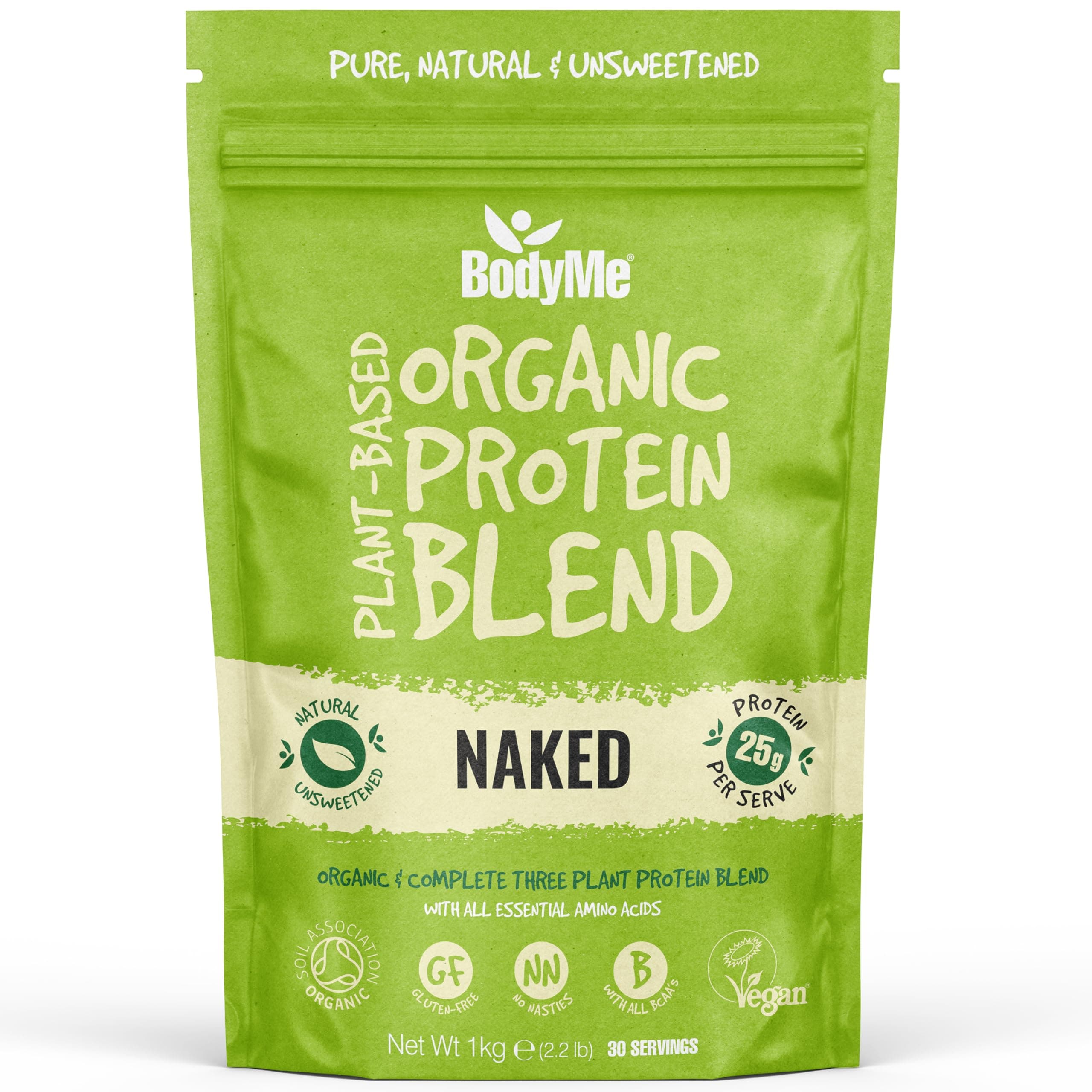 BodyMe Organic Vegan Protein Powder Blend, Naked Natural - Unsweetened, Low Carb, 3 Plant Based Vegan Protein Powder with 25g of Complete Protein, Gluten and GMO Free, 1kg | UK