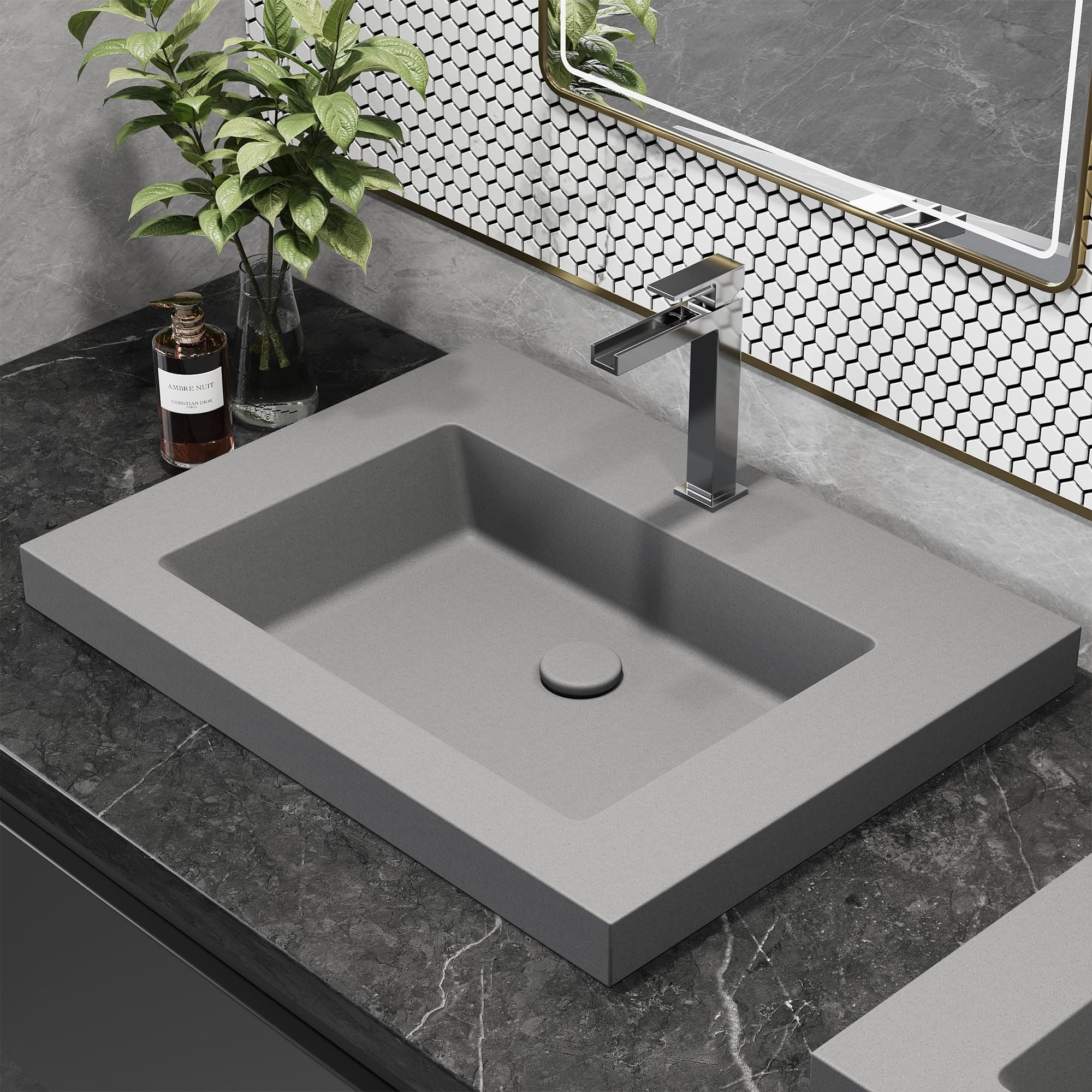 Bathroom Sink Rectangular Concrete Drop-in Sink Gray 23" – Durable Countertop Basin for Modern Bathrooms, Gray