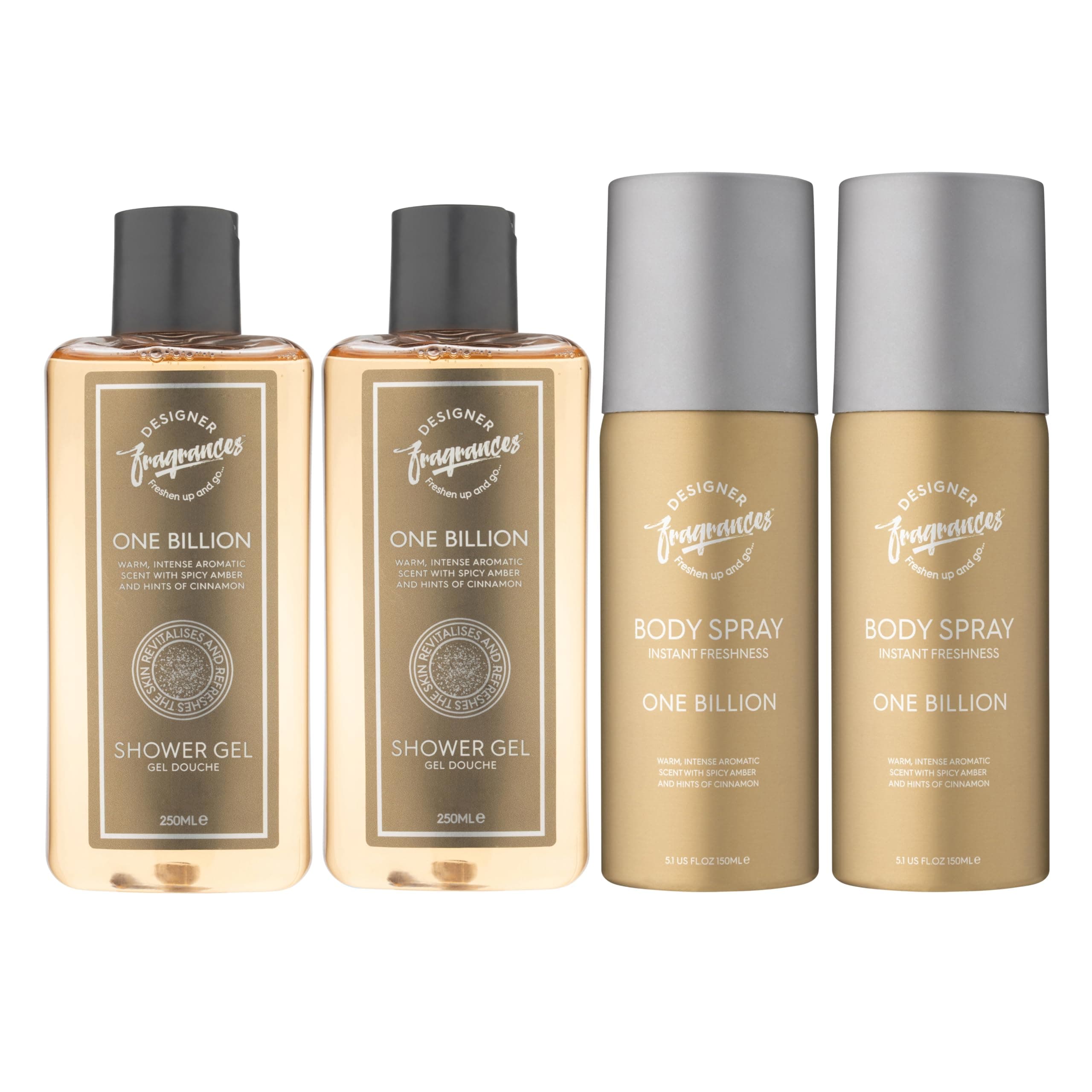 Designer Fragrances One Billion Men's Bundle - Each Package Includes 2 x 150ml Body Spray Deodorant Cans - 2 x 250ml Shower Gels - For Instant Freshness - Long Lasting Smell - Great Male Gift Sets