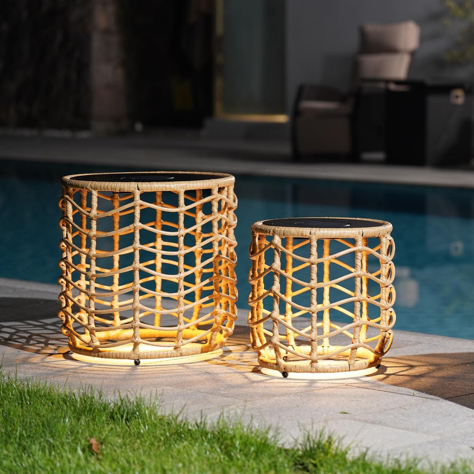 Solar Yard Boho Solar Nesting Tables with Built-in Lights - Set of 2, Weather-Resistant Wicker for Patio, Porch, Garden, Perfect Side Table for Outdoor Living, Natural & Stylish Design