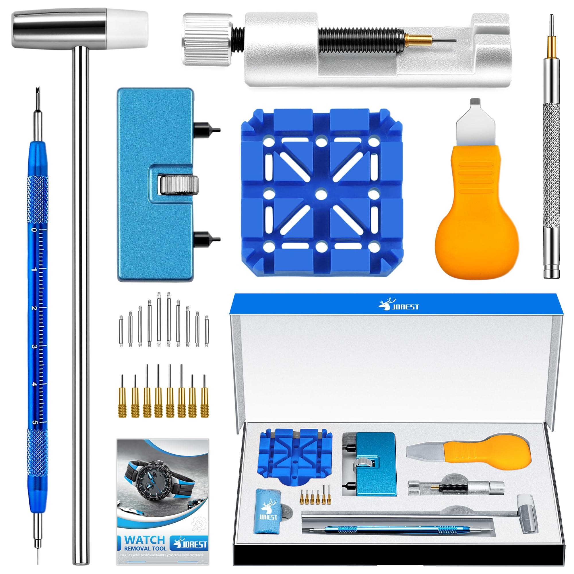Watch Repair Tool Kit for Battery Replacement, Strap Adjustment Resizing, Watch Link Pin Remover, Watch Opening, Pry Knife Case Opener for Watch Back Removal, with Watch Hammer, Spring Bars
