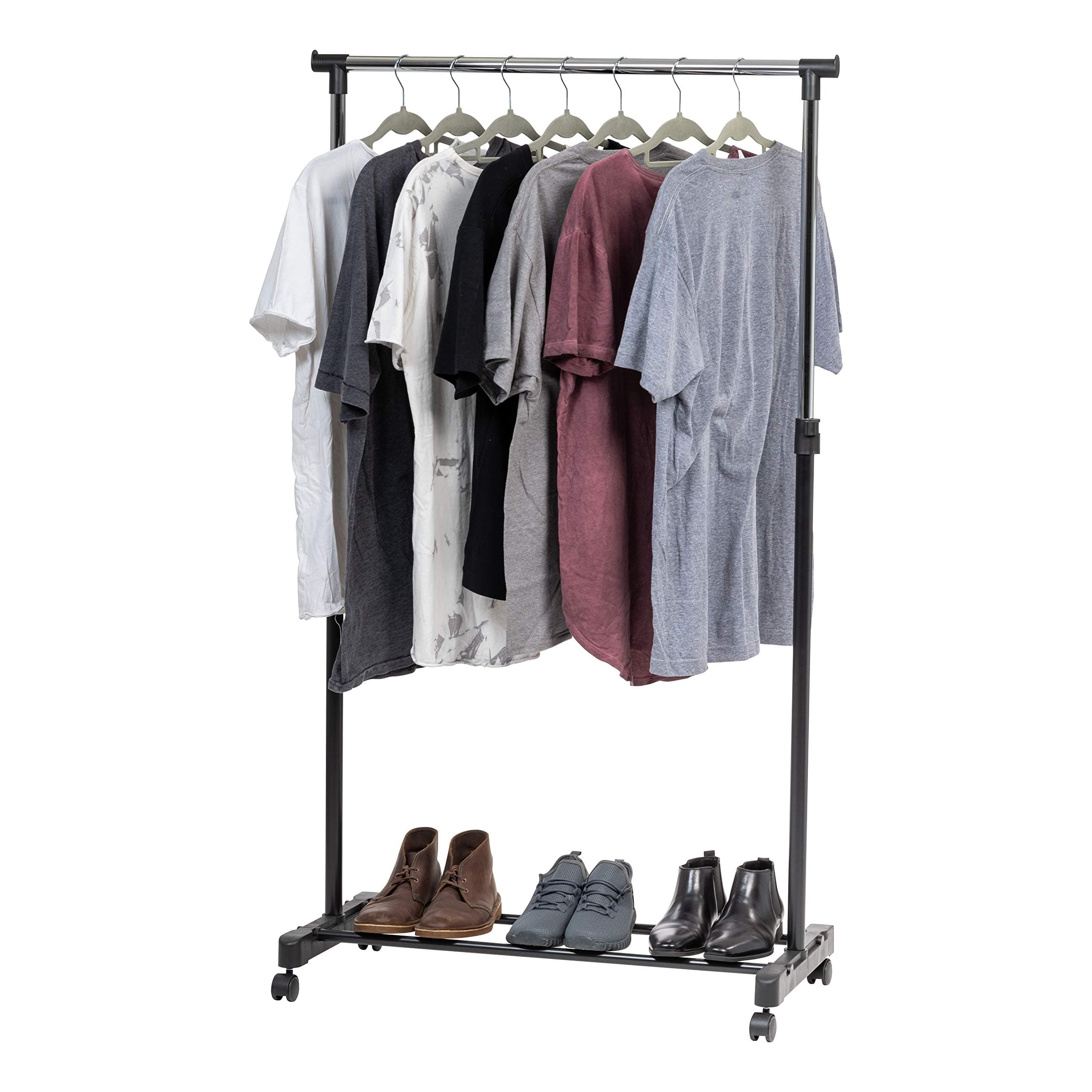 Clothes Rack, Portable Single-Rod Height Adjustable with Lockable Wheels, Rolling Garment Rack, Single Rod Wardrobe Rack, Easy Assemble, for Clothes, Belts, Shoes, and Bags