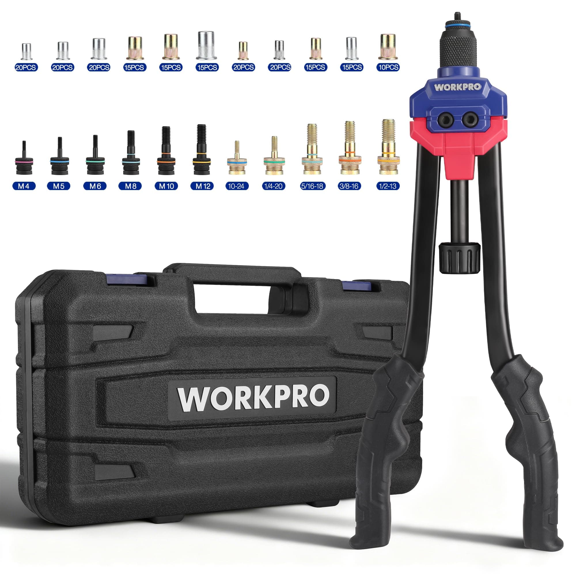 WORKPRO 16" Rivnut Tool Kit, Heavy Duty Rivet Nut Tool with 185pcs Assorted Rivnuts and 11pcs Interchangeable Metric and SAE Mandrels, Hand Rivet Nut Gun with Carrying Case for Sheet Metal Work