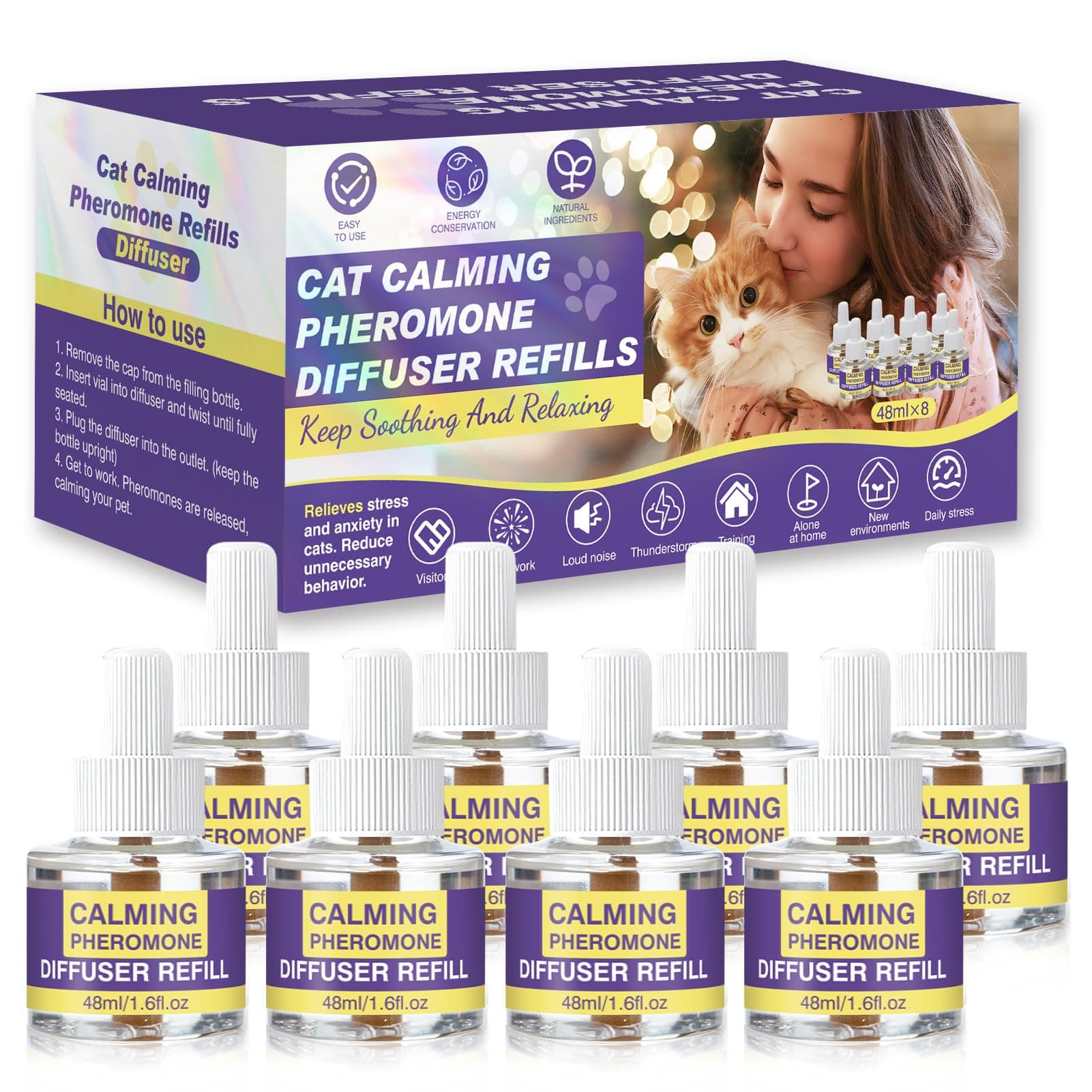 Cat Calming Diffuser Refills, 8 Pack Pheromones for Cats Refill Long-Lasting 240-Day Supply Pheromone to Calm Cat Soothing Anxiety Stress 48 ml/Bottle Compatible with Most Diffusers Plug in