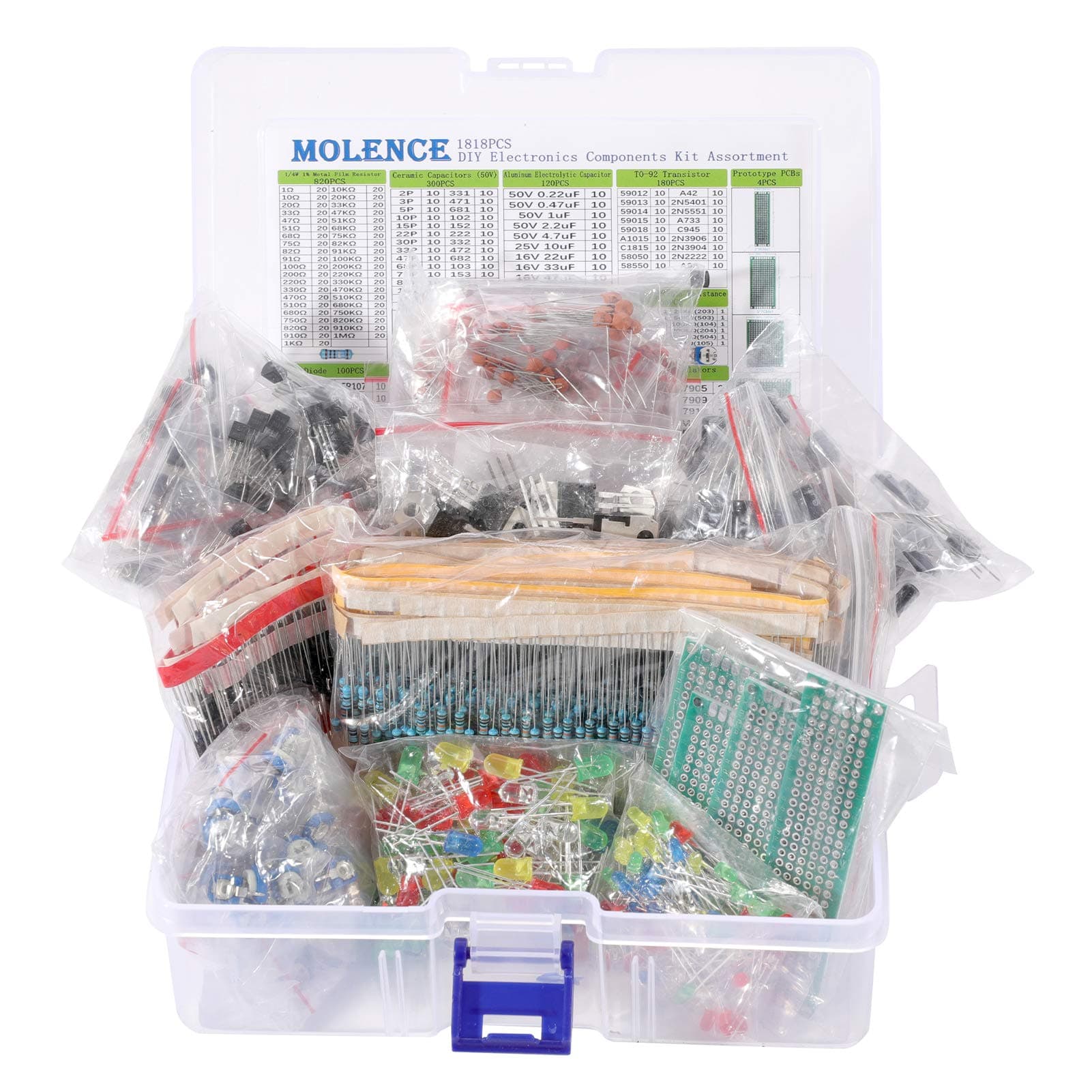 DIY Electronics Components Kit Assortment, Resistors 1818PCS, LED, Triode, Capacitors, Diodes, PCB, Potentiometer, Variable Resistance, Stabilivolt for Arduino UNO MEGA2560 Raspberry Pi MCU
