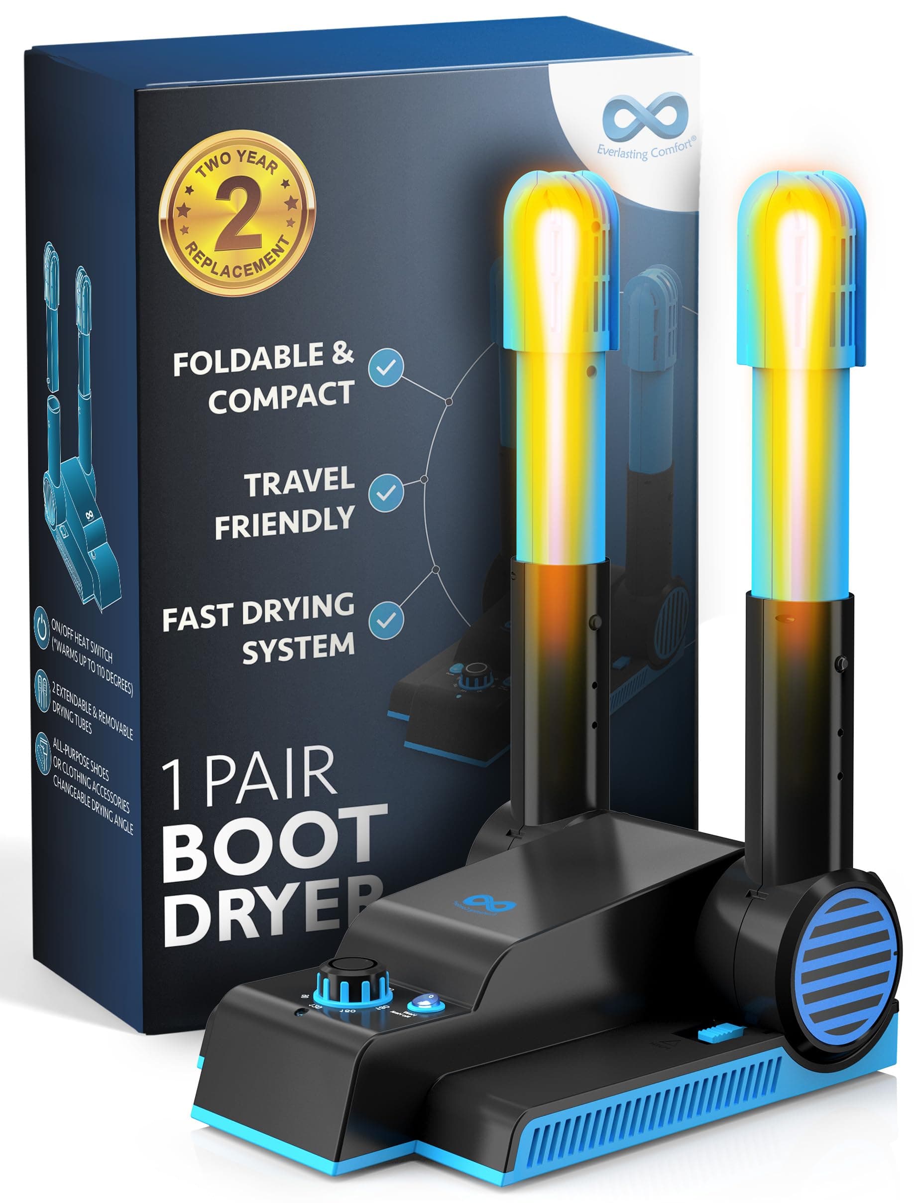 Everlasting Comfort Foldable Compact Boot Dryer & Boot Warmer – Quiet Heat Blower, Easy-to-Use Fast 2-Hour Drying & Deodorizer, Extendable Tubes, Electric Shoe Dryer for Sneakers (1 Pair)