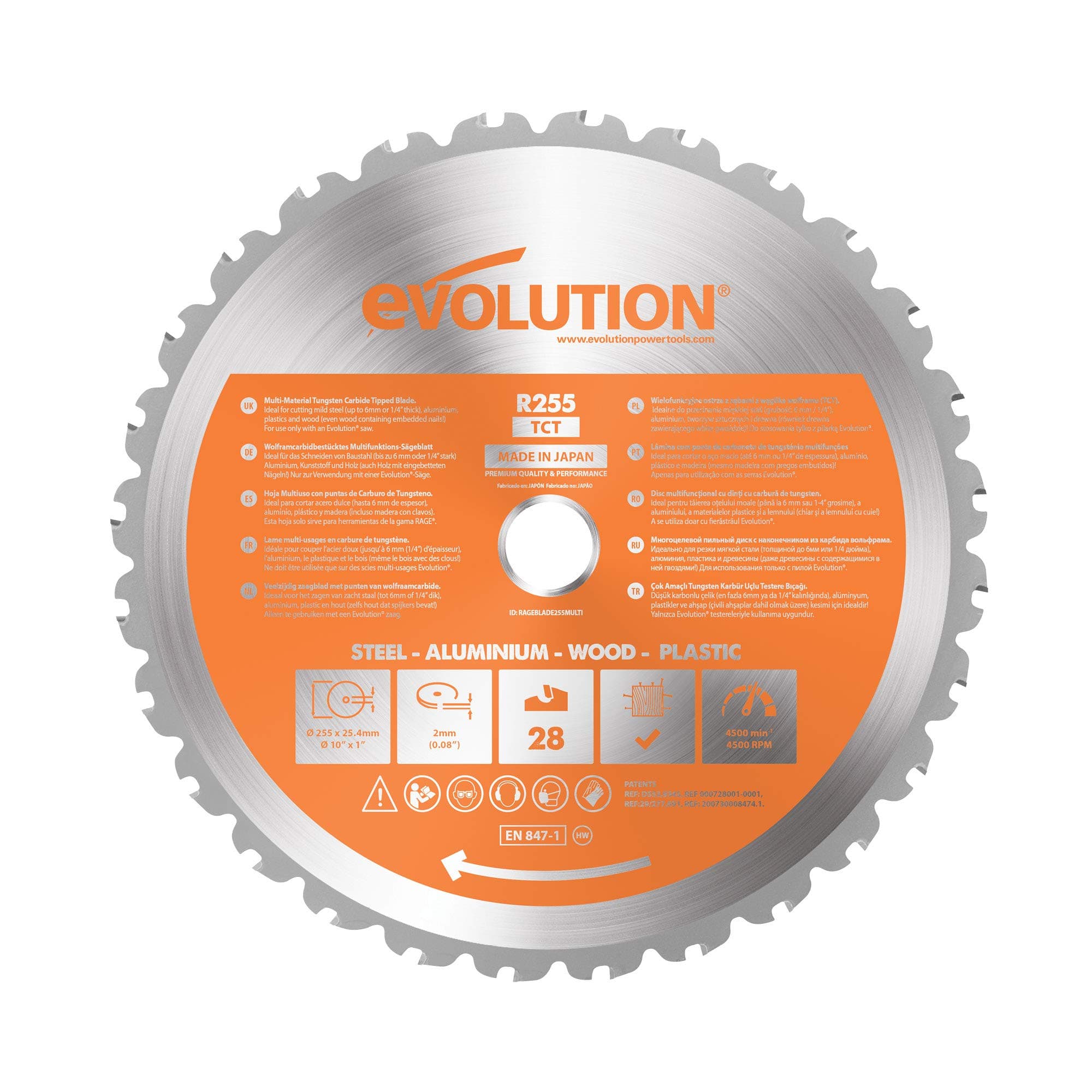 R255TCT-28T - 255 mm Multi Material Mitre Saw Blade - Carbide Tipped Blade Cuts Wood, Metal and Plastic