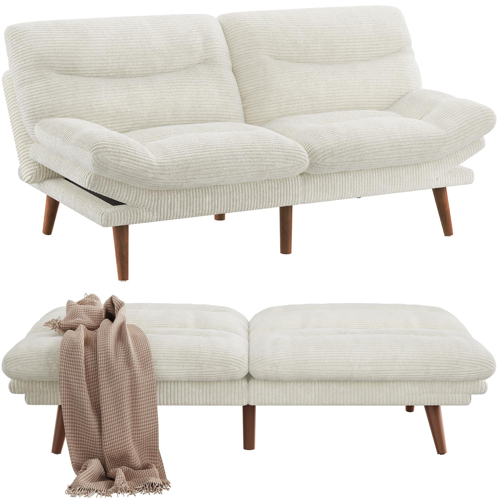 Pipishell 66"/75" Convertible Futon Sofa Bed, Adjustable Backrest & Armrests,Corduroy Sleeper Couch for Small Spaces, Living Room, Office, Guest Room (White, 75 Inch)