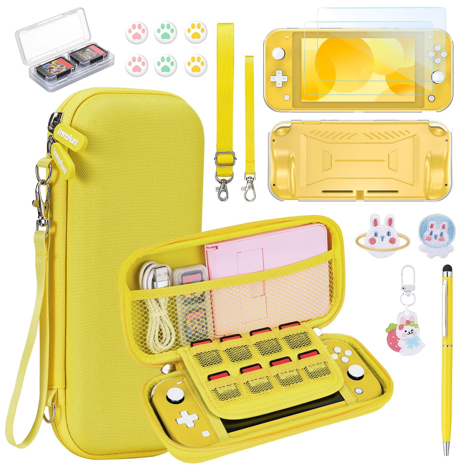 innoAura Switch Lite Case 18-in-1 Accessories Bundle for NS Switch Lite (2019), with Protective Carrying Case, Game Holder, Screen Protector & Cute Thumb Grips, Yellow