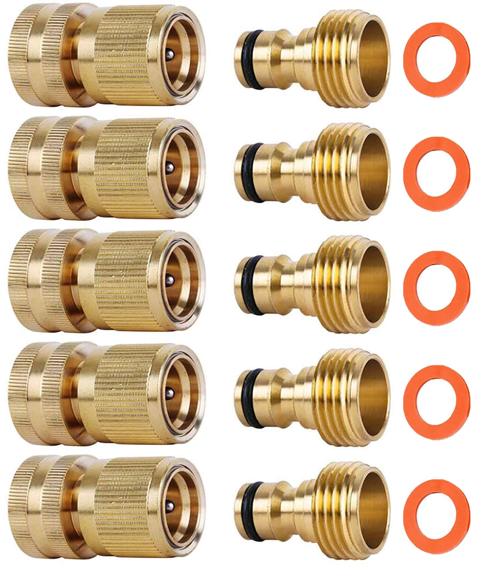 Quick Connect Hose Fitting, Solid Brass Garden Hose Quick Connectors 3/4 Inch Thread No-Leak Water Hose Repair Fittings Male and Female Hose Adapter - 5Packs