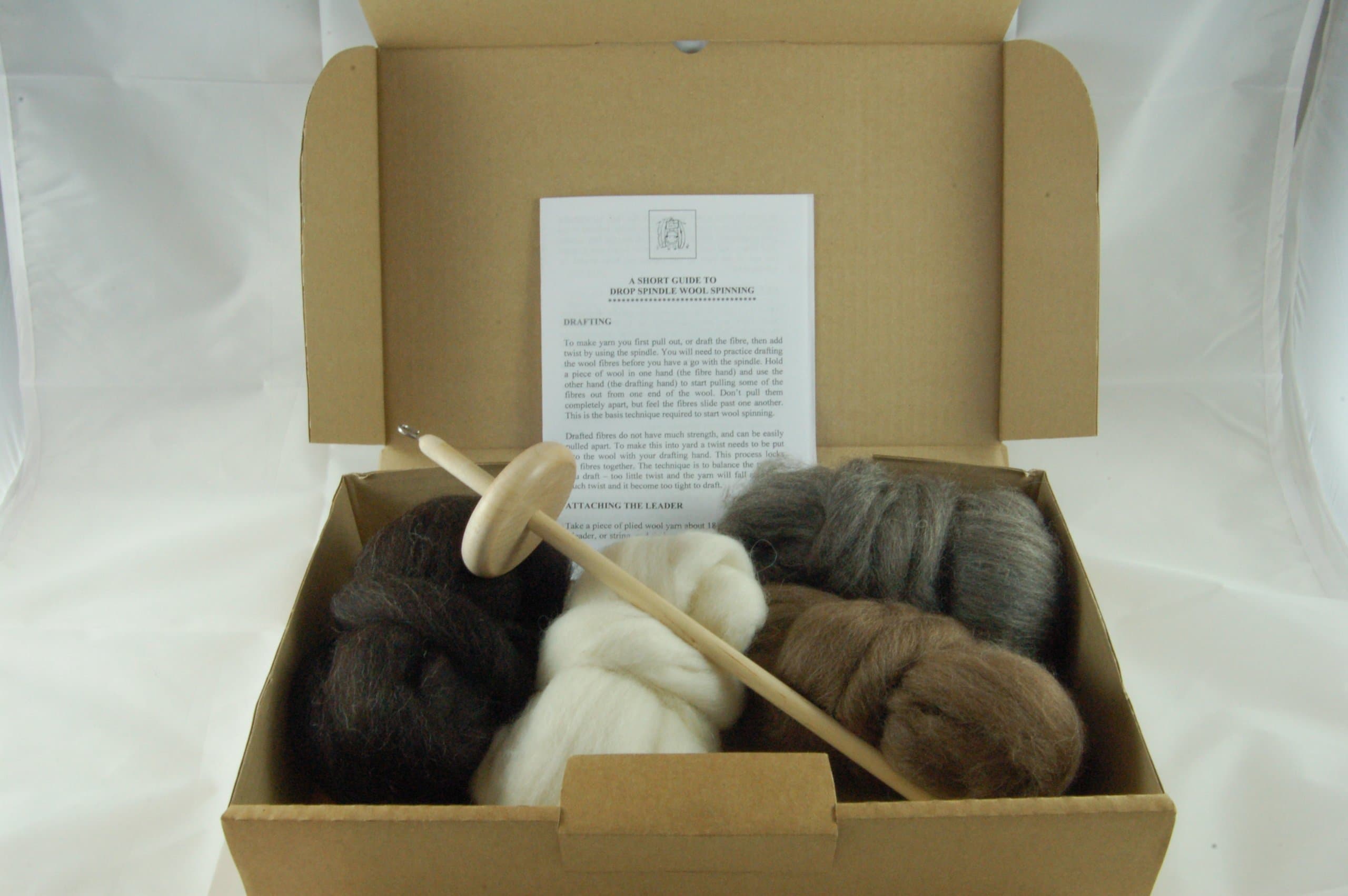 Hand Wool Spinning Starter kit - Includes Drop Spindle, Instructions and 4 Shades of Finnish Sheeps Wool rovings