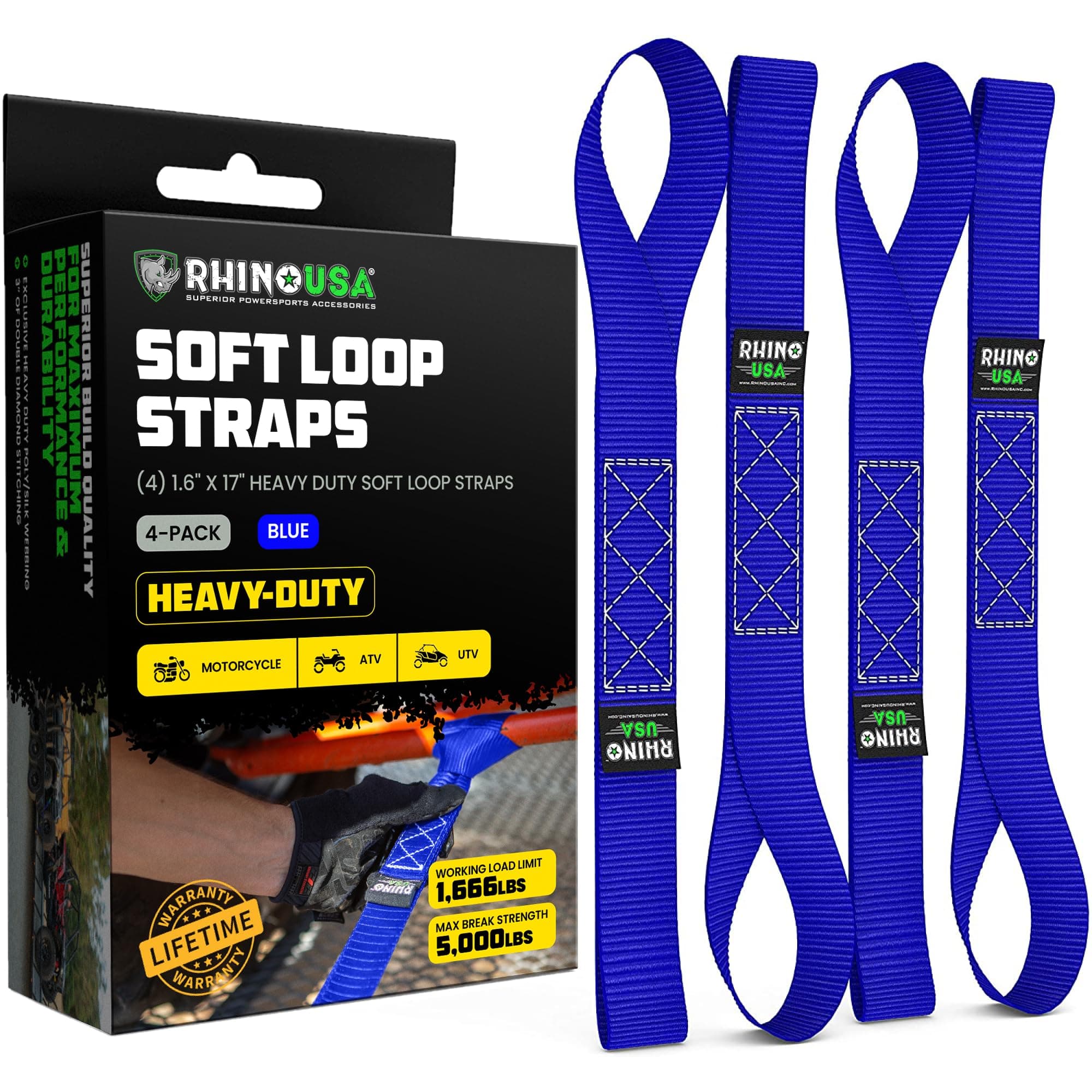 Rhino USA Soft Loop Tie Down Straps (4-Pack) - 1.6 Inch x 17 Inch Heavy Duty Motorcycle Straps for ATV, UTV, Dirt Bike (Blue) - 5,000 lbs Break Strength