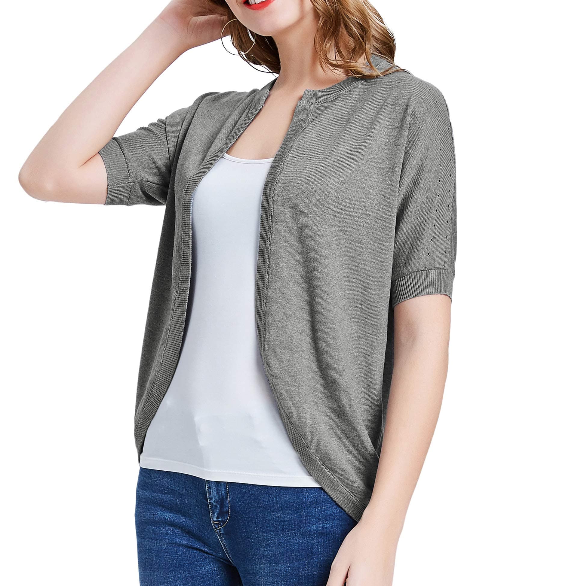 Women's Basic Short Sleeve Open Front Cardigan Casual Work Sweater Grey S