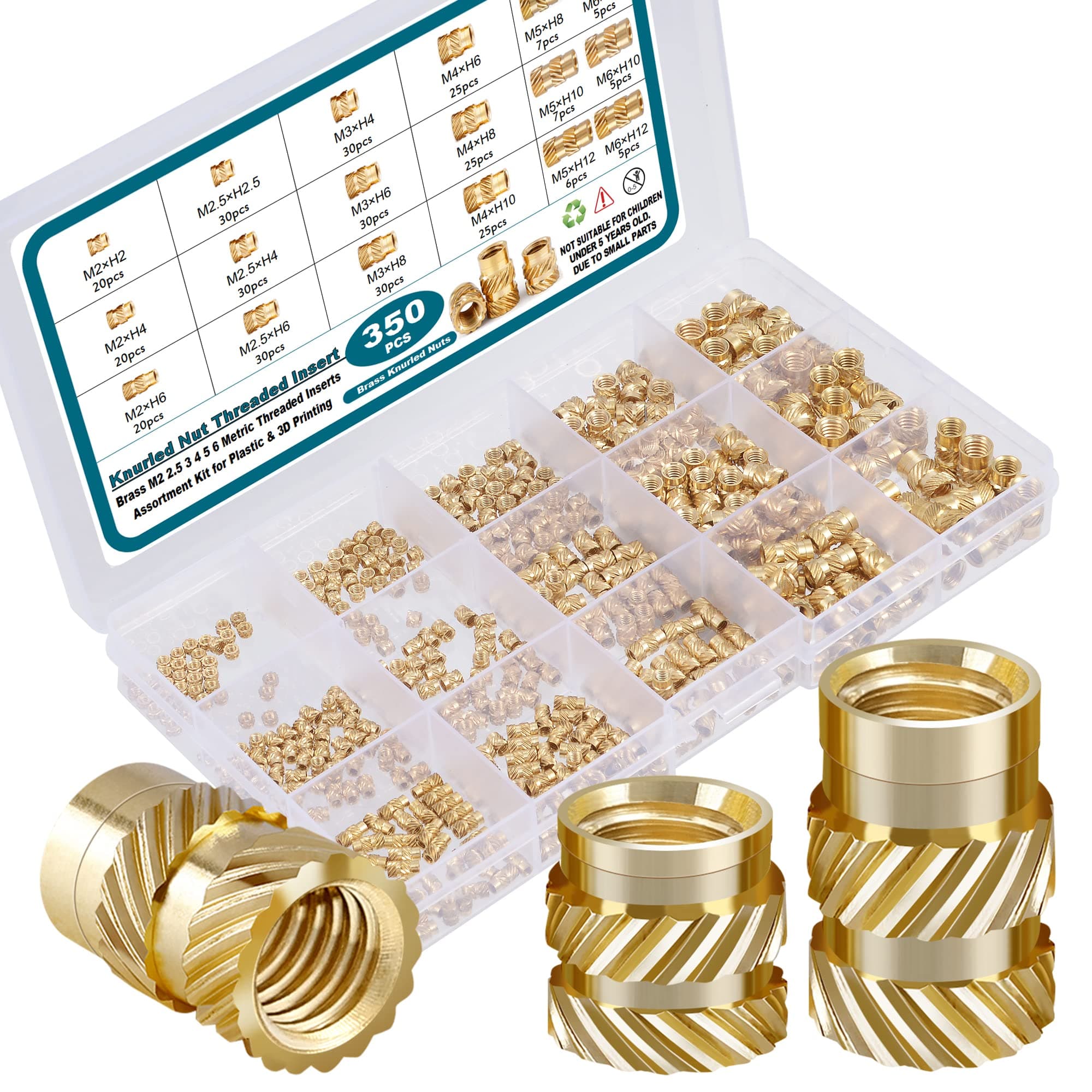 SATANTECH 350Pcs Threaded Inserts M2 M2.5 M3 M4 M5 M6 Female Thread Metric Knurled Nuts Assortment Kit Brass Insert Heat Set For Plastic And 3D Printing Components