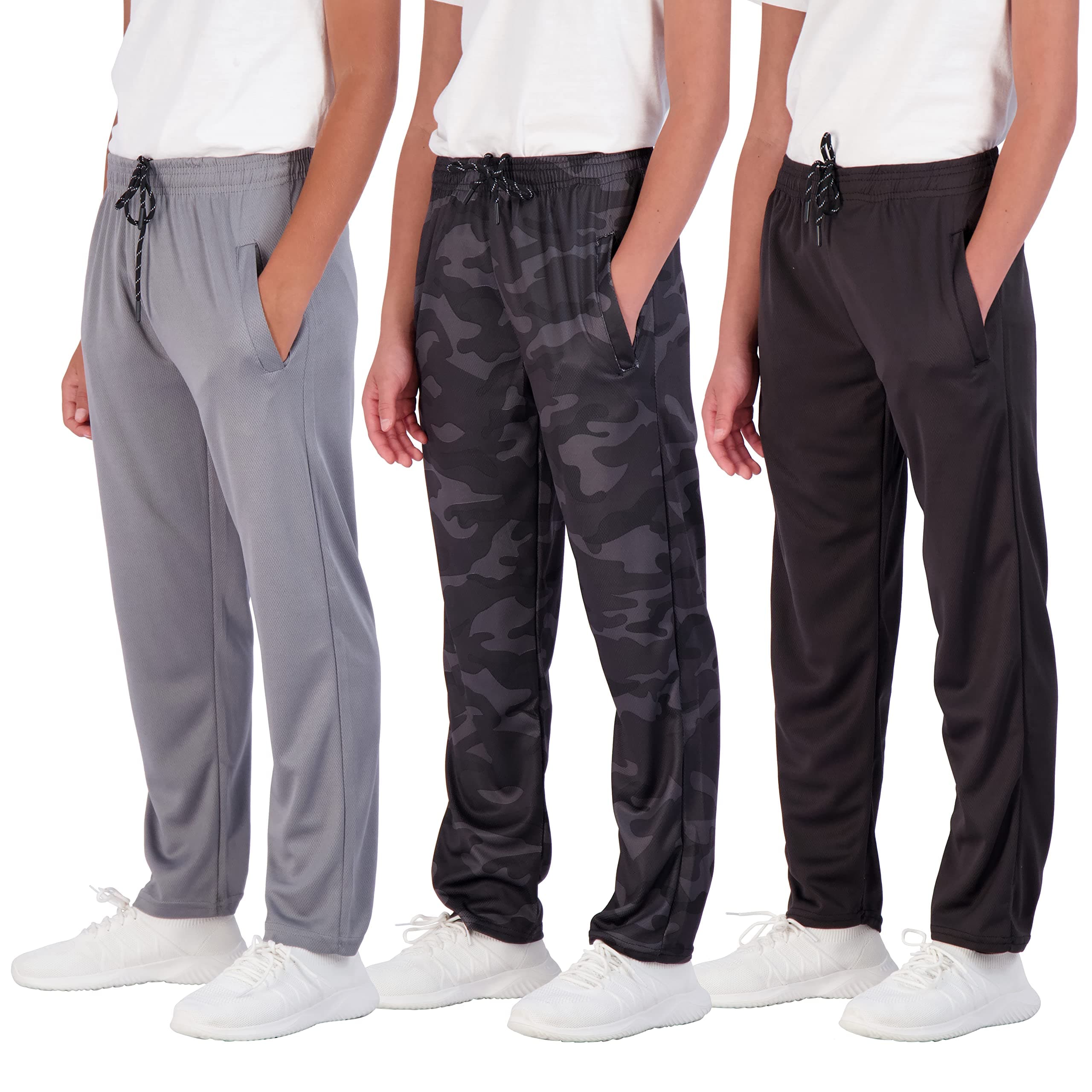 Real Essentials3 Pack: Boys' Mesh Open Bottom Active Sweatpants with Pockets & Drawstring