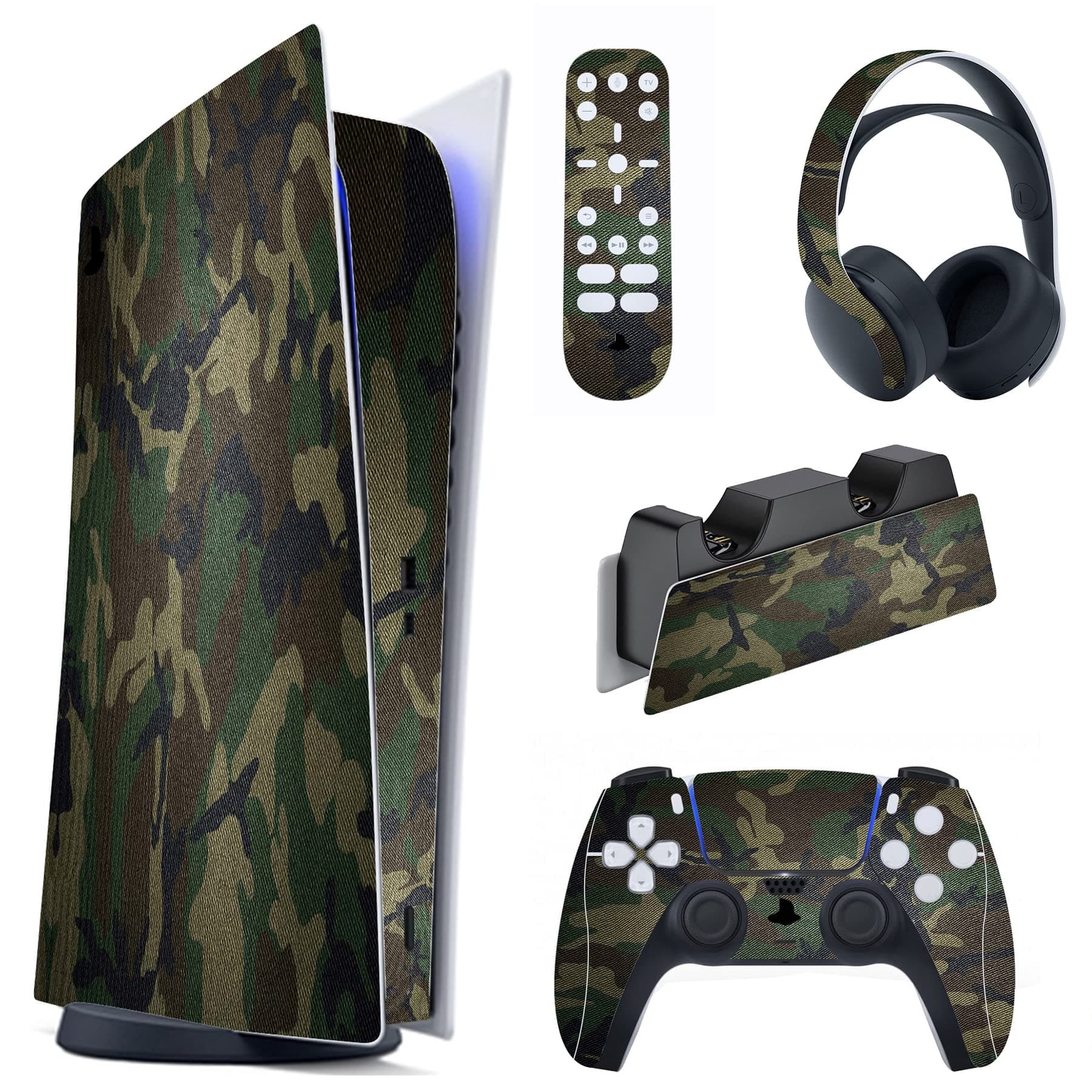 PlayVital Army Green Camouflage Full Set Skin Decal for ps5 Console Digital Edition, Sticker Vinyl Decal Cover for ps5 Controller & Charging Station & Headset & Media Remote