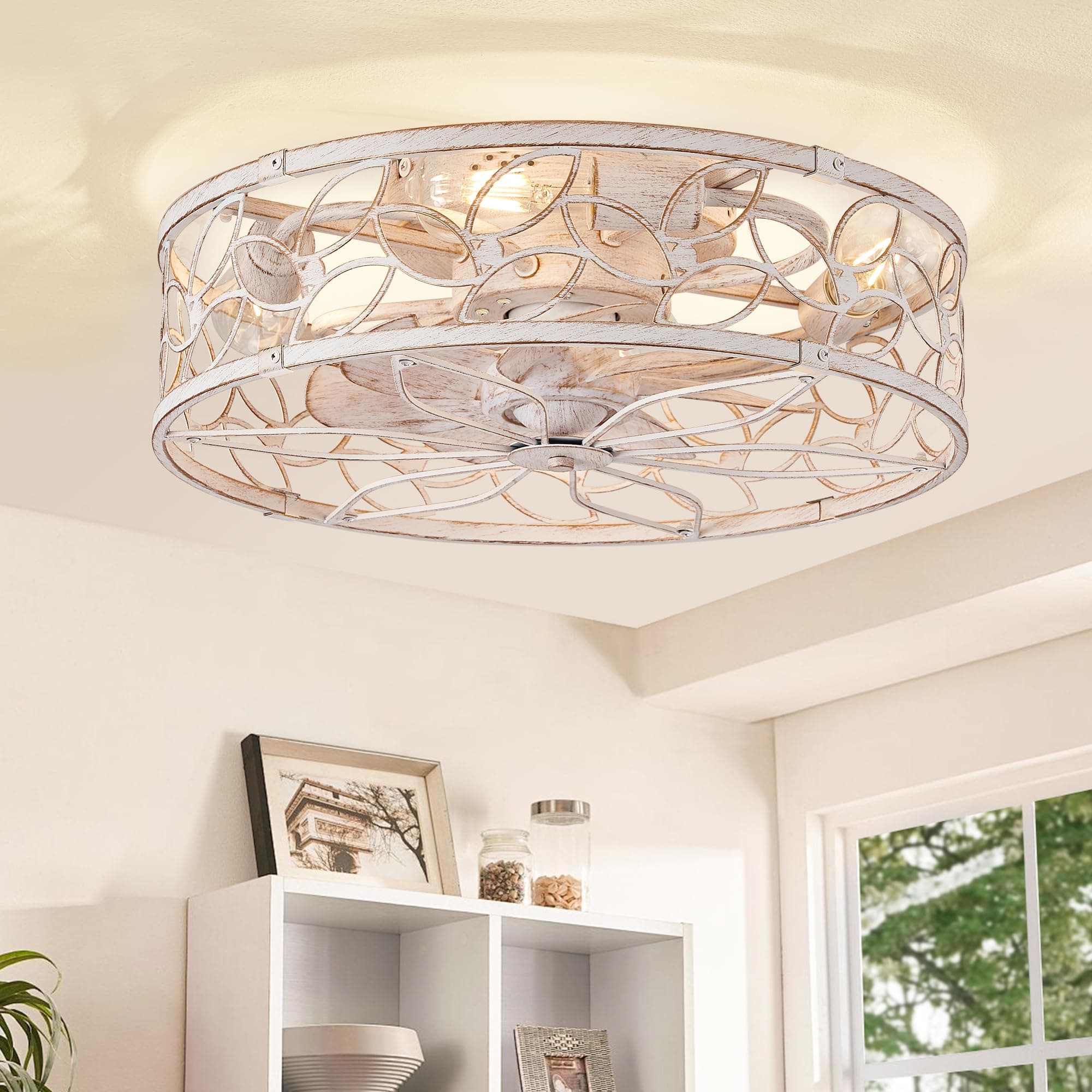 LEDIARY - Caged ceiling fans with lights, white flush mount ceiling fan with remote control, small low profile bladeless ceiling fan for bedroom, kitchen,